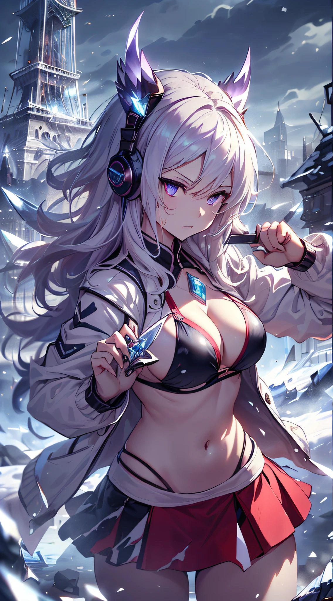 top-quality、Top image quality、masterpiece、girl with((Red short skirt、Black Bikini、White jacket、glowing mechanic suit、18year old、teen ager、cute little、Best Bust、big bast,Beautiful shining purple eyes、Breasts wide open, a blond、Longhaire、A slender,Large valleys、belligerent movements,sharp claws、he has a long knife in his right hand.、Holds a short knife in the left hand、head phone、fighting poses、Bad face、splatters、Feeling of sprinting)),hiquality、Beautiful Art、Background with((Midwinter world、Oyuki、snow blowing、Crystal Tower)))、,masutepiece、depth of fields,Cinematic style