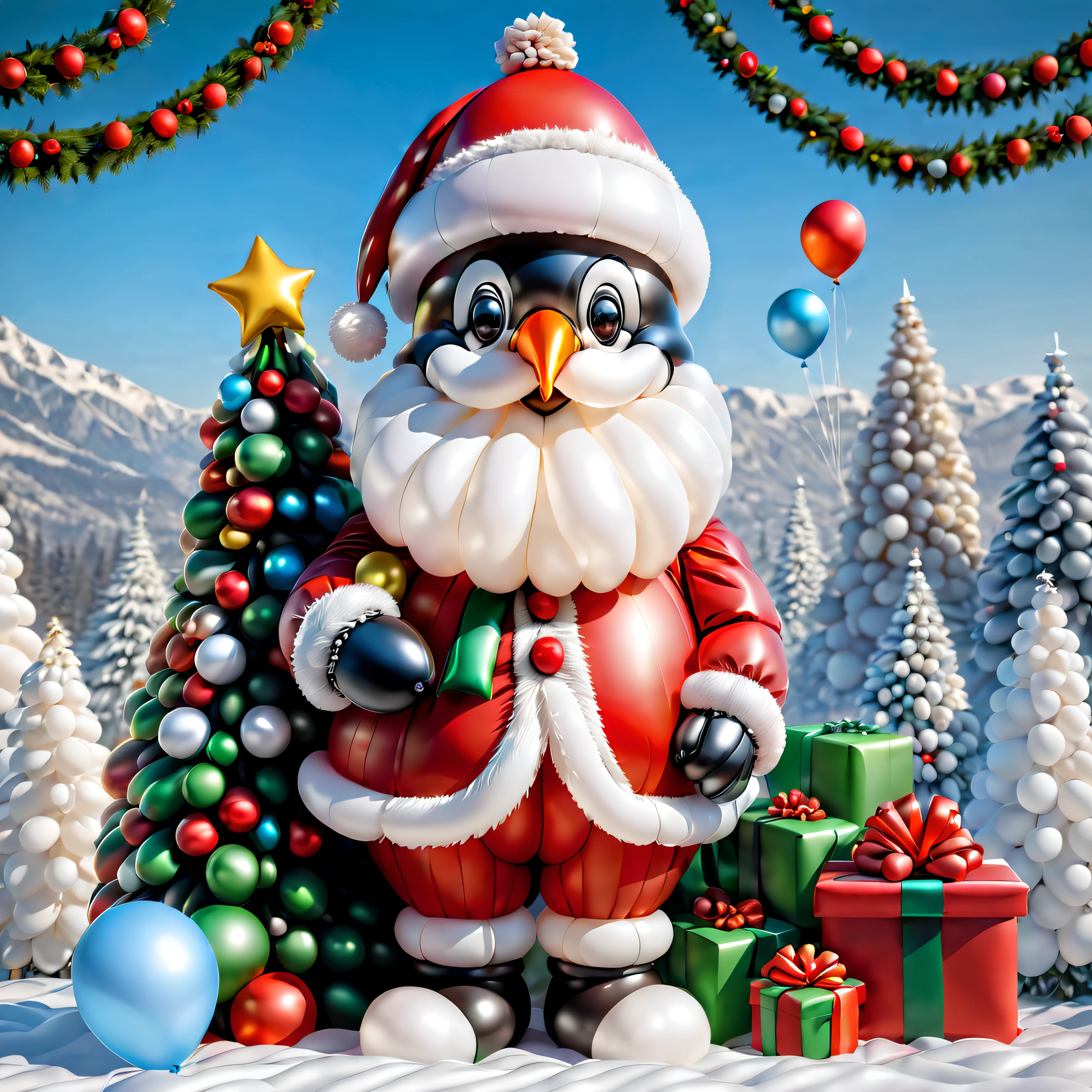 (1 Santa Claus made of balloons, 1 balloon snowman, Wearing a Christmas hat made of balloons), ((Christmas background, Christmas tree made of balloons, gifts,)), Cute and detailed digital art, lovely digital painting, Cute balloon penguin, Lovely detailed artwork, Cute 3d rendering, digital painting very detailed, Cute and colorful, cute big breasts, Highly detailed digital artwork, detail-rich、plethora of colors