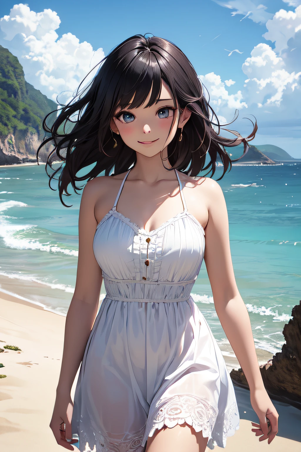 Very cute and beautiful girl,white sundress with small ruffles,(very detailed beautiful face and eyes:1.2),
(Cowboy Shot),Detailed legs,Smile,Black hair,Dynamic Pose,Dynamic Angle,Looking at Viewer,
(Beach),steep cliff in the distance,(Best Quality,masutepiece:1.2),(Intricate details),1 girl,Solo,hight resolution,
Natural lighting,Hair fluttering in the wind,Beautiful detailed sky,