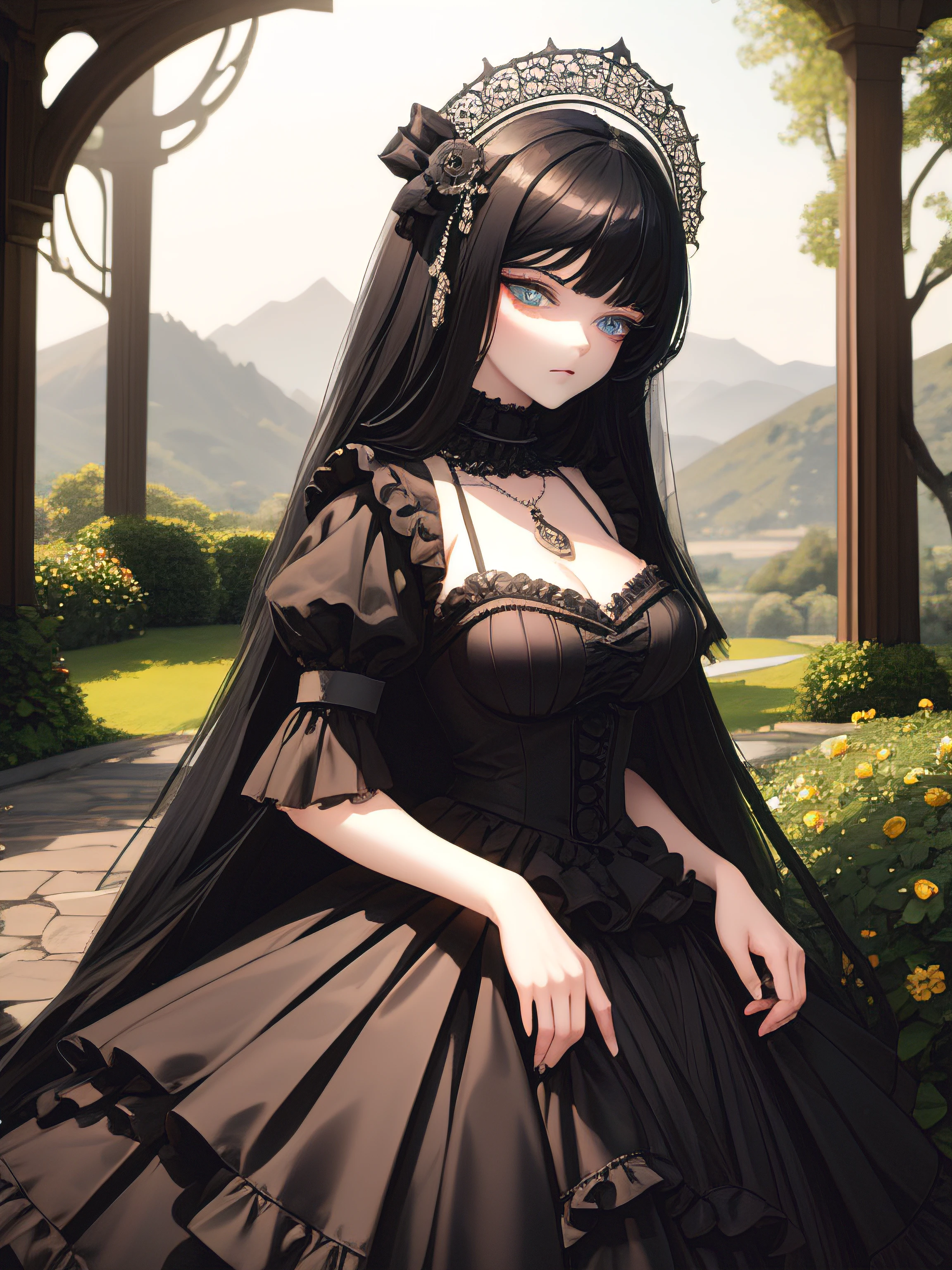(masterpiece:1.2), (bestquality:1.2), Perfect Eyes, perfect face, perfect lighting, 1girls, An adult female Gothgal stood with her hands in front of her.., long-haired, complex hairstyle, Makeup, Black Lips, thick eyelashes, depressed, melancholy, Wear a gothic style outfit.., Black and white evening dress, frills, ribbons, puffy sleeves, Bare shoulders, Lacey Choker, jewelry, tranquil, quiet, evening, detailed outdoor background, Beautiful landscape, fantasy, Summer, sunny, Sunburn, floral, trees