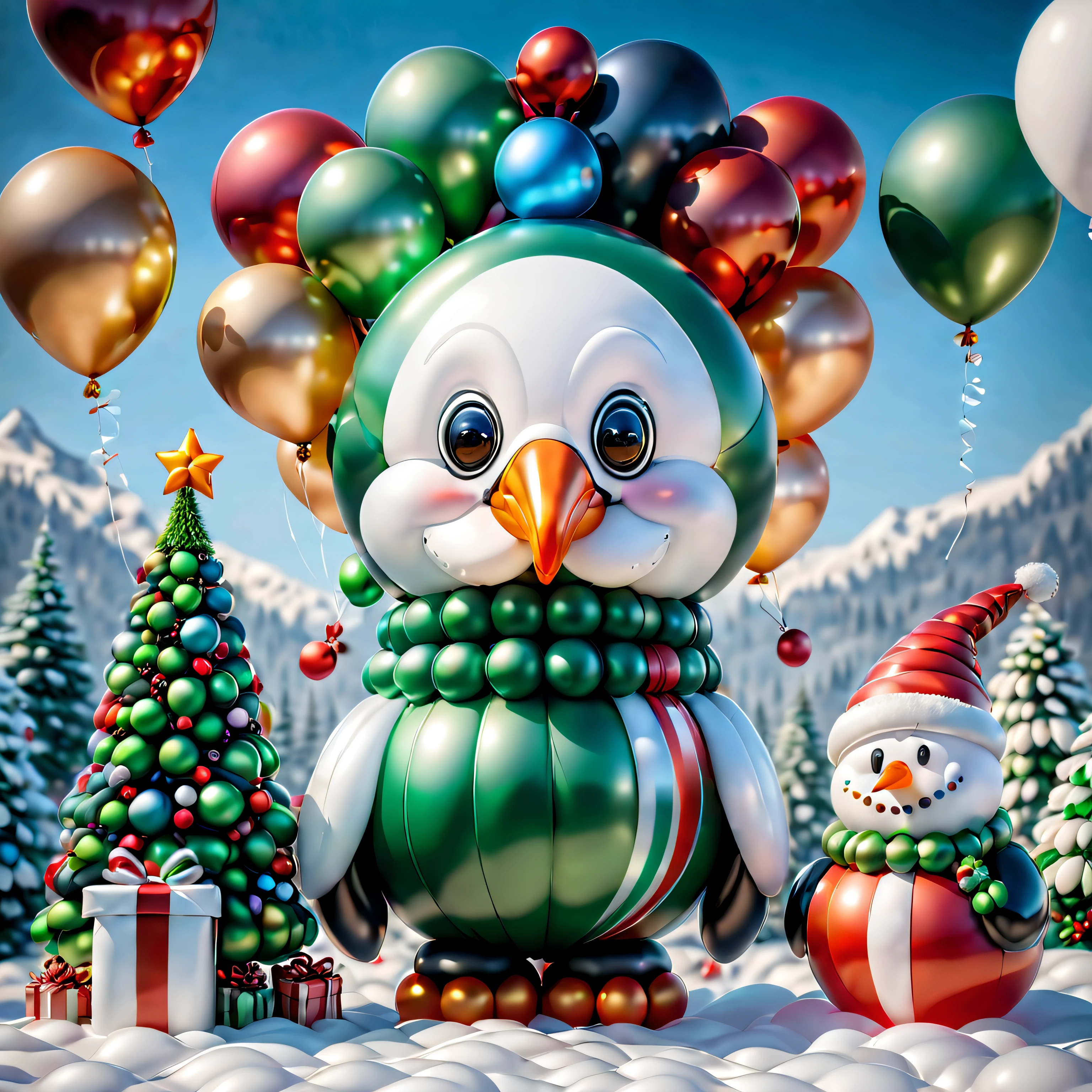 (1 Santa Claus made of balloons, 1 balloon snowman, Wearing a Christmas hat made of balloons), ((Christmas background, Christmas tree made of balloons, gifts,)), Cute and detailed digital art, lovely digital painting, Cute balloon penguin, Lovely detailed artwork, Cute 3d rendering, digital painting very detailed, Cute and colorful, cute big breasts, Highly detailed digital artwork, detail-rich、plethora of colors