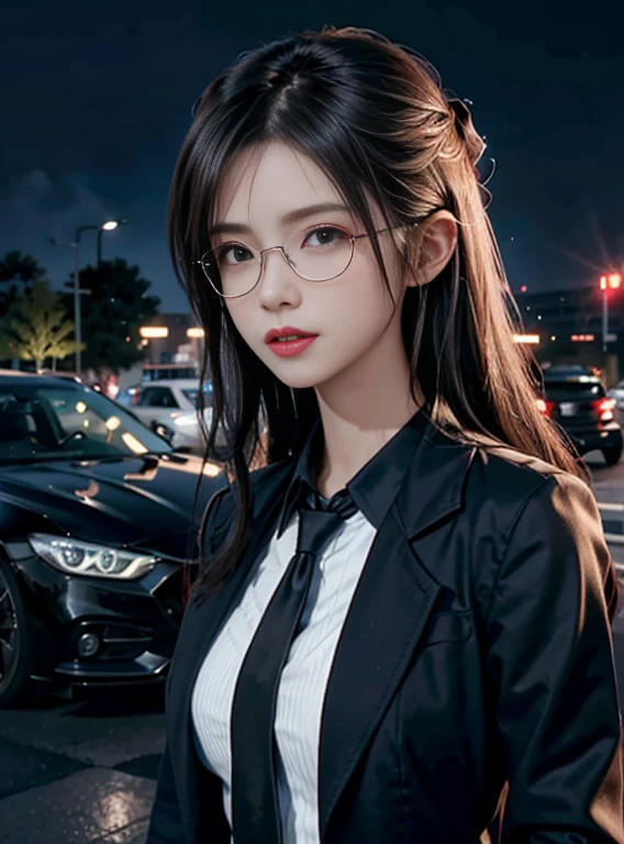 (masutepiece:1.2, Best Quality), 8K,Sharp Focus, One cool adult woman posing in sports car, long and untidy hair, Wearing sunglasses, Wearing a black suit with a white shirt and tie,Dynamic Pose, Night city background with beautiful lighting