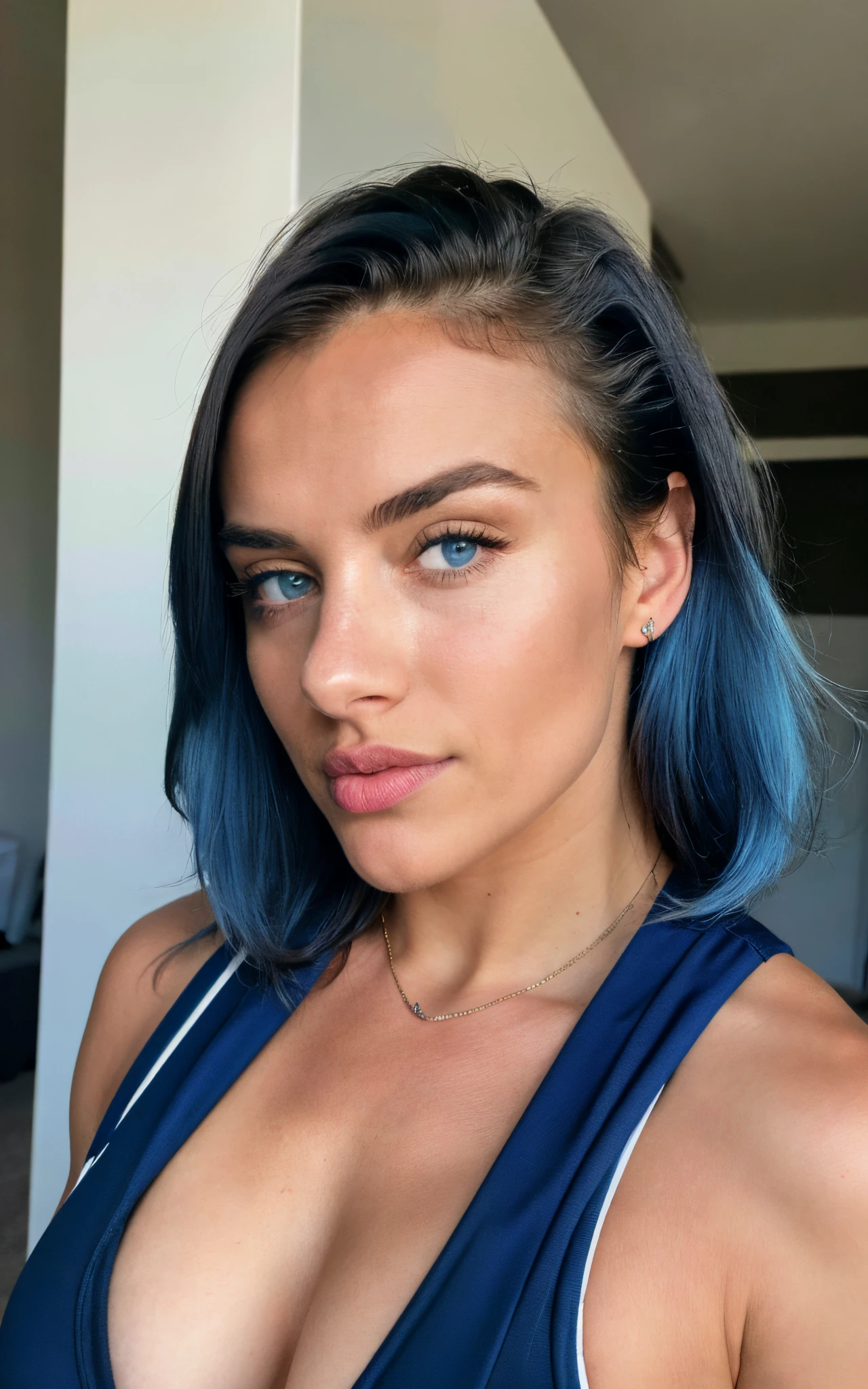 Photorealistic, Best Quality, hyper detailed, looking a view ,better shadow, Side shot, You see the whole body ,in sports clothes , medium-sized bust, beautiful sexy fitness girl, 21 old years, young girl, blue eyes, symmetrical beautiful face, Blue hair, Almond eye , full lips