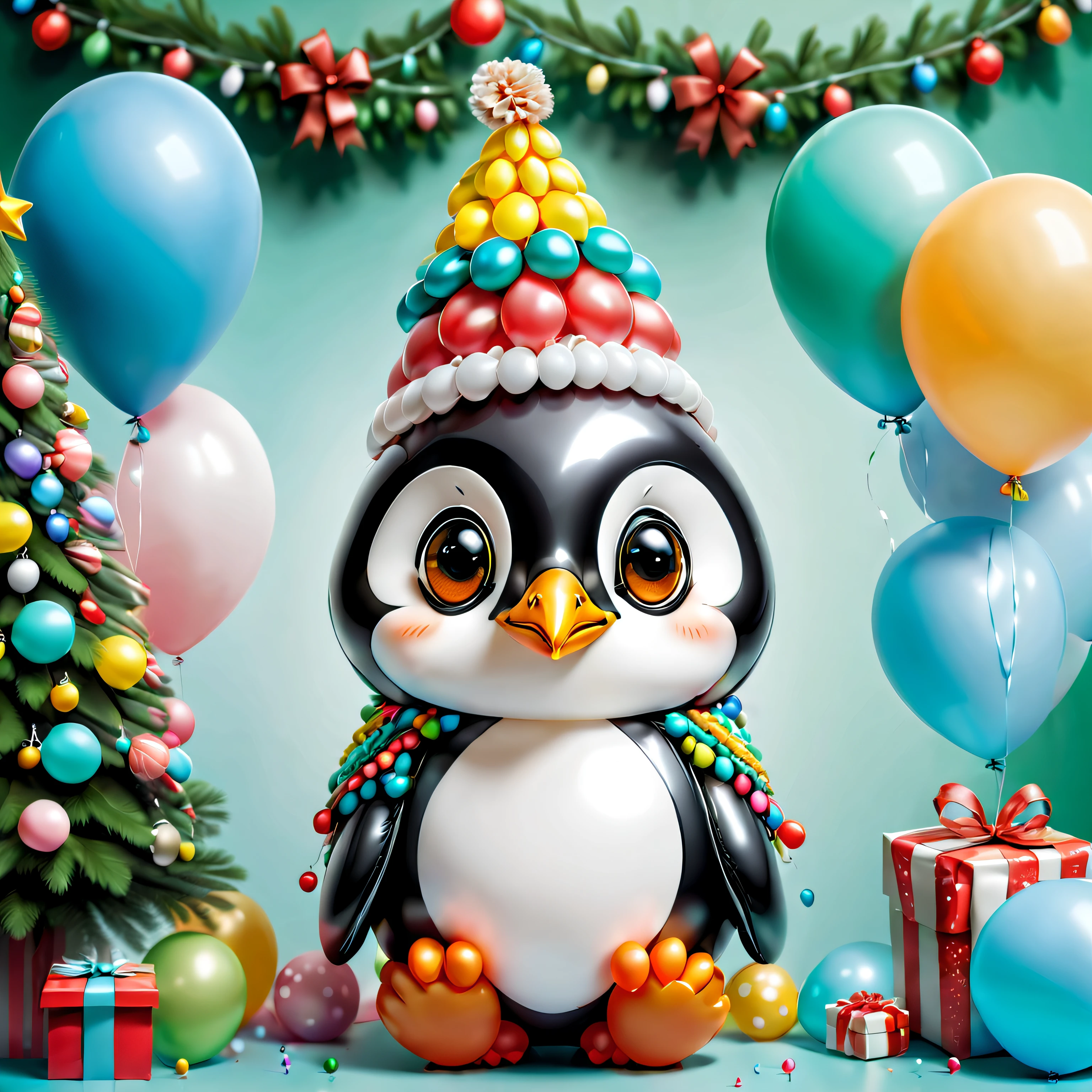 (A colorful penguin made of balloons，Wearing a Christmas hat made of balloons）, (Umbrella made of balloons), ((Christmas background, Christmas tree made of balloons, gifts,))， Cute and detailed digital art, lovely digital painting, Cute balloon penguin, Lovely detailed artwork, Cute 3d rendering, digital painting very detailed, Cute and colorful, cute big breasts, Highly detailed digital artwork, detail-rich、plethora of colors
