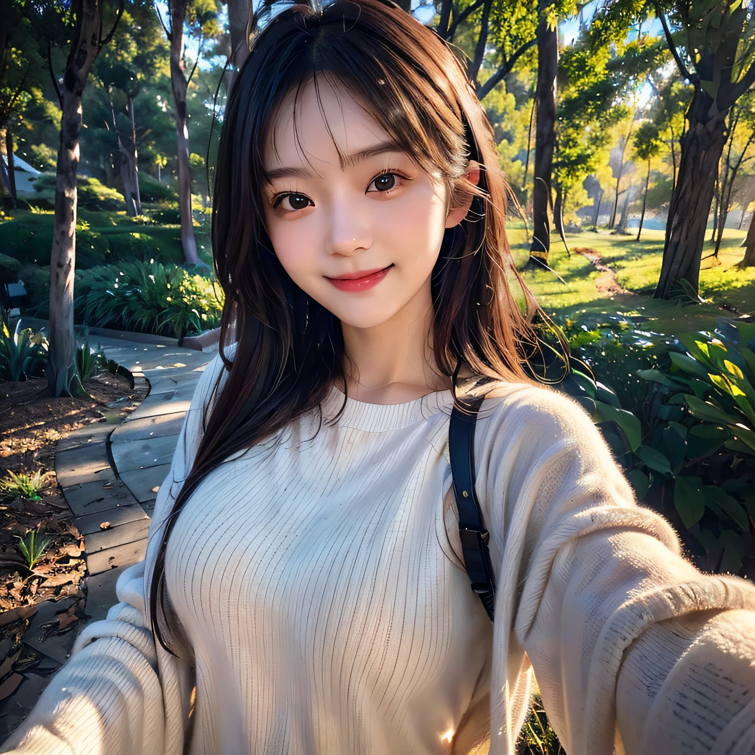selfie, (Photoreal: 1.4), (Image enhancement: 1.4), ( Top quality real skins: 1.4), 20-year-old, asian girl, dressed warmly, australian forest scene, smile, standing, night time, close up, hands hidden, selfie
