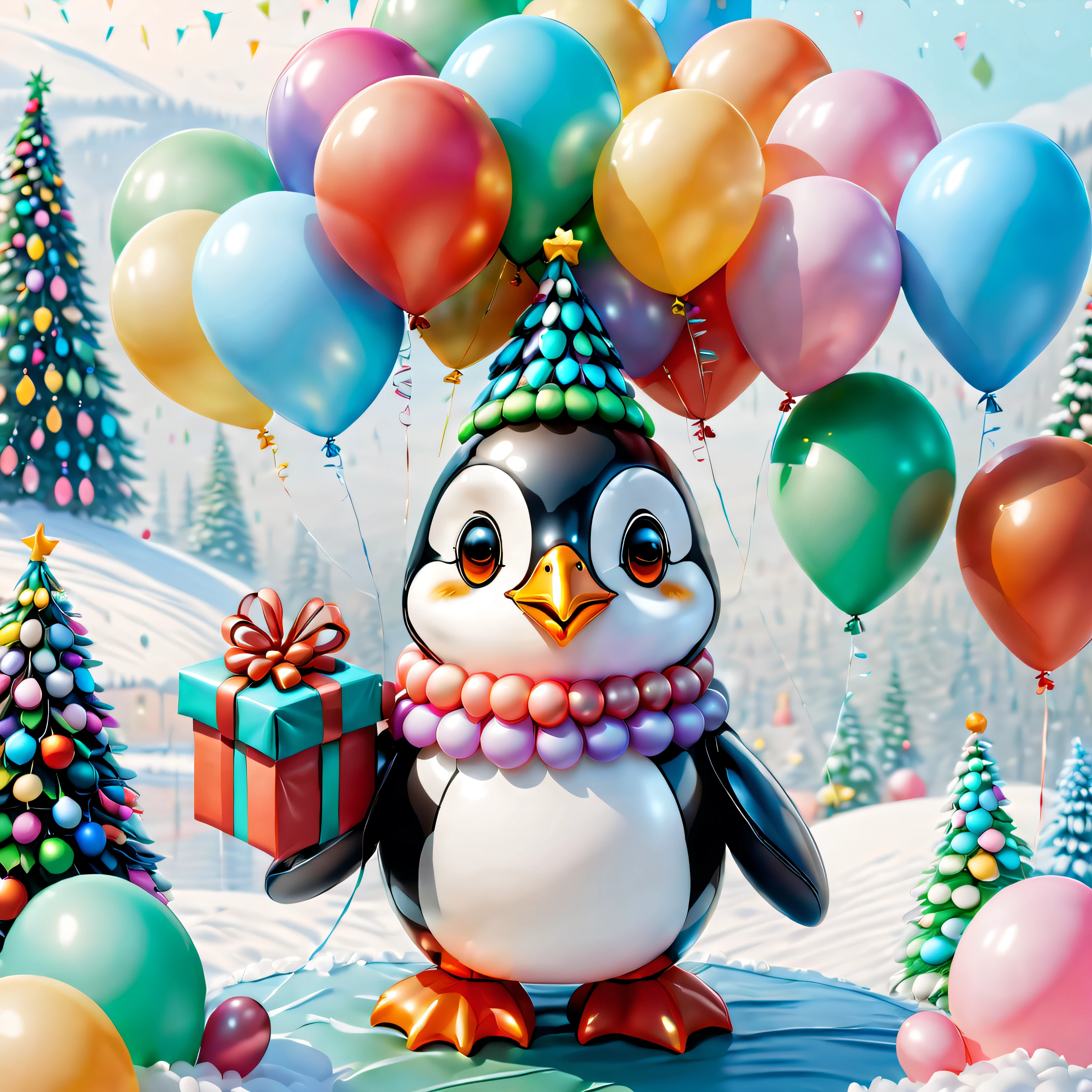(A colorful penguin holding an umbrella made of colorful balloons）, (Umbrella made of balloons), ((Christmas background, Christmas tree made of balloons, gifts,))， Cute and detailed digital art, lovely digital painting, Cute balloon penguin, Lovely detailed artwork, Cute 3d rendering, digital painting very detailed, Cute and colorful, cute big breasts, Highly detailed digital artwork, detail-rich、plethora of colors
