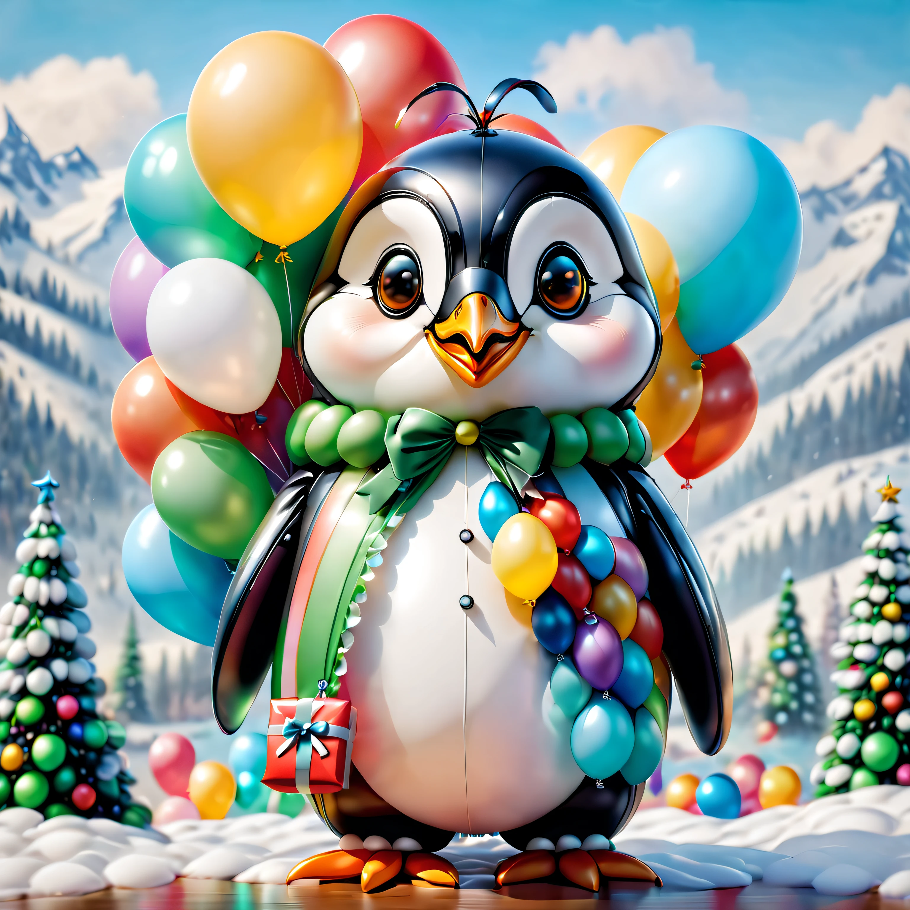 (A colorful penguin holding an umbrella made of colorful balloons), (Umbrella made of balloons), ((Christmas background, Christmas tree made of balloons, gifts,)), Cute and detailed digital art, lovely digital painting, Cute balloon penguin, Lovely detailed artwork, Cute 3d rendering, digital painting very detailed, Cute and colorful, cute big breasts, Highly detailed digital artwork, detail-rich、plethora of colors