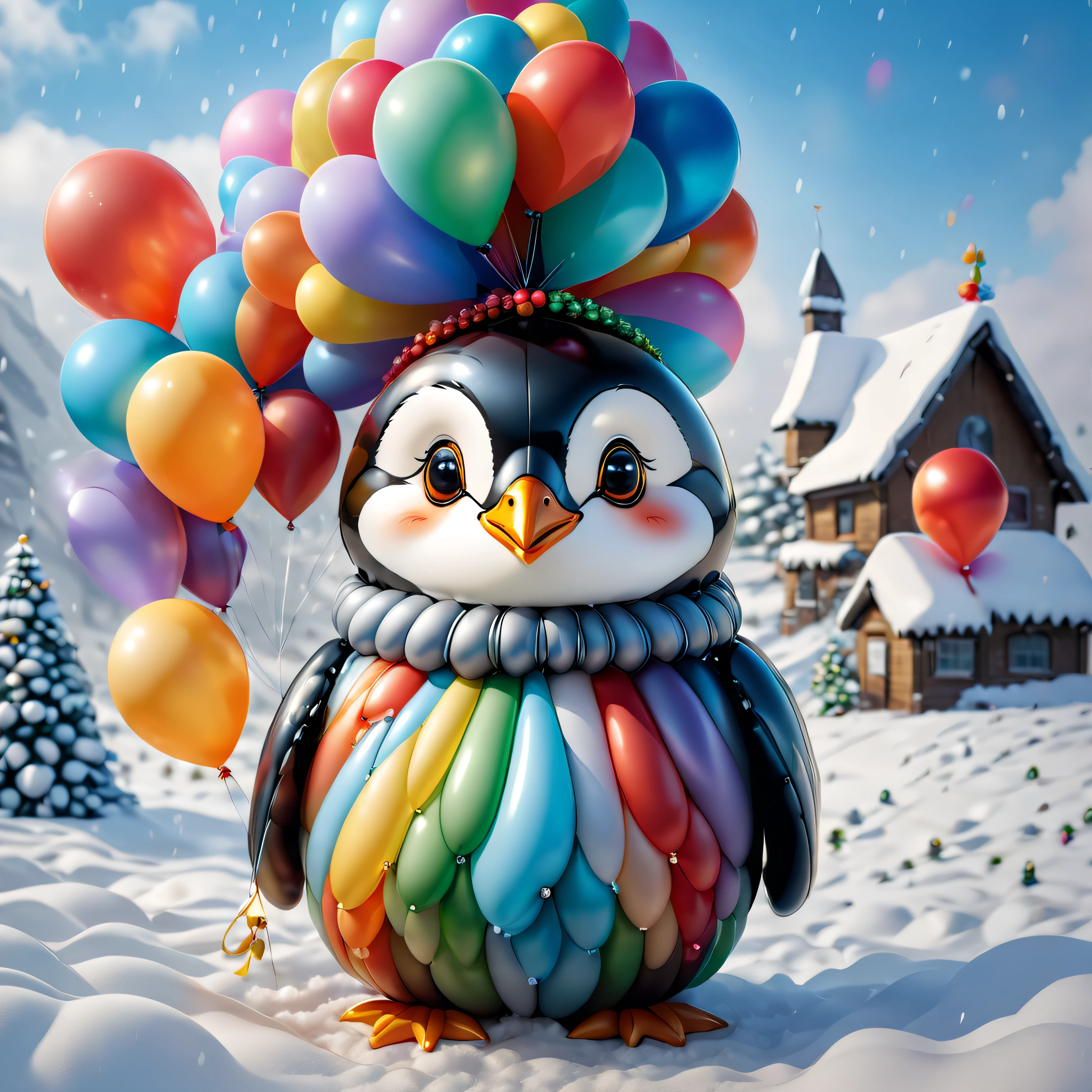 （A colorful penguin holding an umbrella made of colorful balloons）, (Umbrella made of balloons), ((christmas, balloons, In the snow on Christmas Eve))， Cute and detailed digital art, lovely digital painting, Cute balloon penguin, Lovely detailed artwork, Cute 3d rendering, digital painting very detailed, Cute and colorful, cute big breasts, Highly detailed digital artwork, detail-rich、plethora of colors