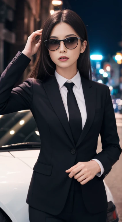 (masutepiece:1.2, Best Quality), 8K,Sharp Focus, One cool adult woman posing in sports car, long and untidy hair, Wearing sunglasses, Wearing a black suit with a white shirt and tie,Dynamic Pose, Night city background with beautiful lighting