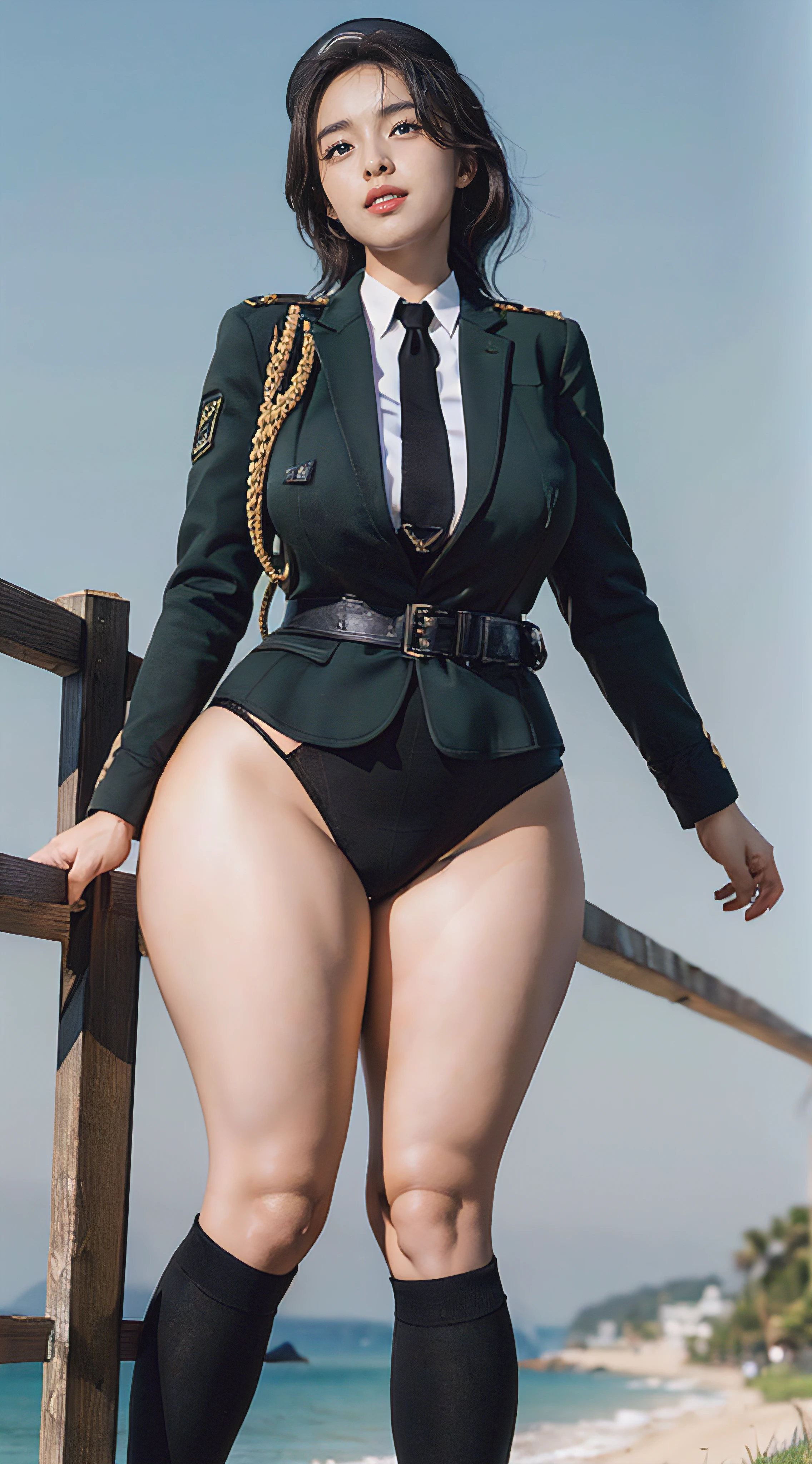 Usually detailed CG Unity 8K wallpaper，（tmasterpiece），（Best quality），（ultra - detailed），（ultra real photo），（best character detail：1.36），Nikon D750F / 1.4 55mm，RAW photogr，profesional lighting， physically-based renderingt, 1 plump girl, girl soldier，(Dark green military uniform，(Dark green military uniform)，buisness suit，Fabric texture military uniform, Perfect military calm)，(Wear a plain white shirt under the jacket:1.25)，(black necktie)，((Black panty,))，Bareleged，Plump legs，black hair color hair，(military hat，Large wavy curls，Do not tie your hair，Short hair details，Twist braids)，the golden ratio,[:(Have a delicate face:1.2):0.2]:，pure love face_v1，thick bushy eyebrows，Wide shoulders,(gigantic cleavage breasts:1.55),(gigantic ass),(Plump thighs:1.45),(Wide crotch:1.55),(I look up from below:1.55)，((Place your finger to your mouth):1.4)，Close-up Shot Shot，((smiling with narrow eyes，Smile full of confidence，There is one by the sea):1.35)，(((Close-up of panties),Close-up of chest,facial closeups,Front view))，(Sunset sky，gentlesunlight，sunshine on face，(light shining on face)，blue-sky，Sunny smile，light glow)，white teeth，(looking at me)，(((thicc, bbw sauce, thick tight, Wide hips, Buttocks swell crazily,🐎🍑) )，azur lane style)，high-heels，