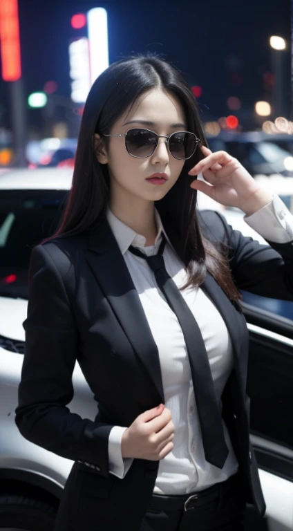 (masutepiece:1.2, Best Quality), 8K,Sharp Focus, One cool adult woman posing in sports car, long and untidy hair, Wearing sunglasses, Wearing a black suit with a white shirt and tie,Dynamic Pose, Night city background with beautiful lighting