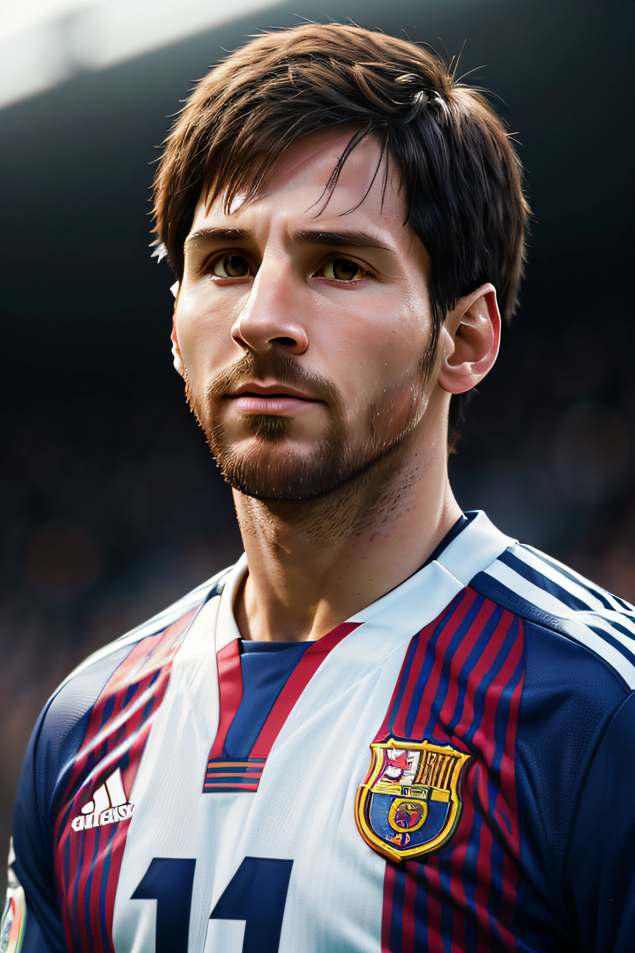 Create a photorealistic and detailed digital portrait of Lionel Messi, the legendary Argentine footballer, depicted in his iconic football uniform. The portrait should capture his distinctive facial features, including his short dark hair, brown eyes, and his characteristic expression while playing. The background should complement the subject, emphasizing Messi's unparalleled talent and passion for the sport.