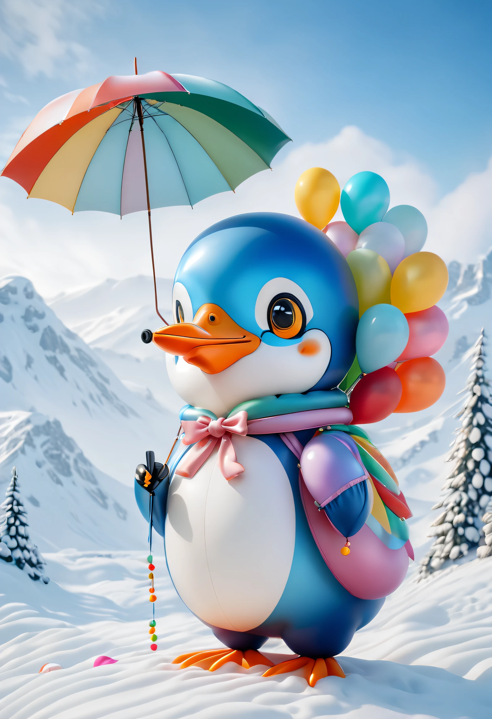 （A colorful penguin holding an umbrella made of colorful balloons）, (Umbrella made of balloons), christmas, balloons, In the snow on Christmas Eve， Cute and detailed digital art, lovely digital painting, Cute balloon penguin, Lovely detailed artwork, Cute 3d rendering, digital painting very detailed, Cute and colorful, cute big breasts, Highly detailed digital artwork, detail-rich、plethora of colors，balloons