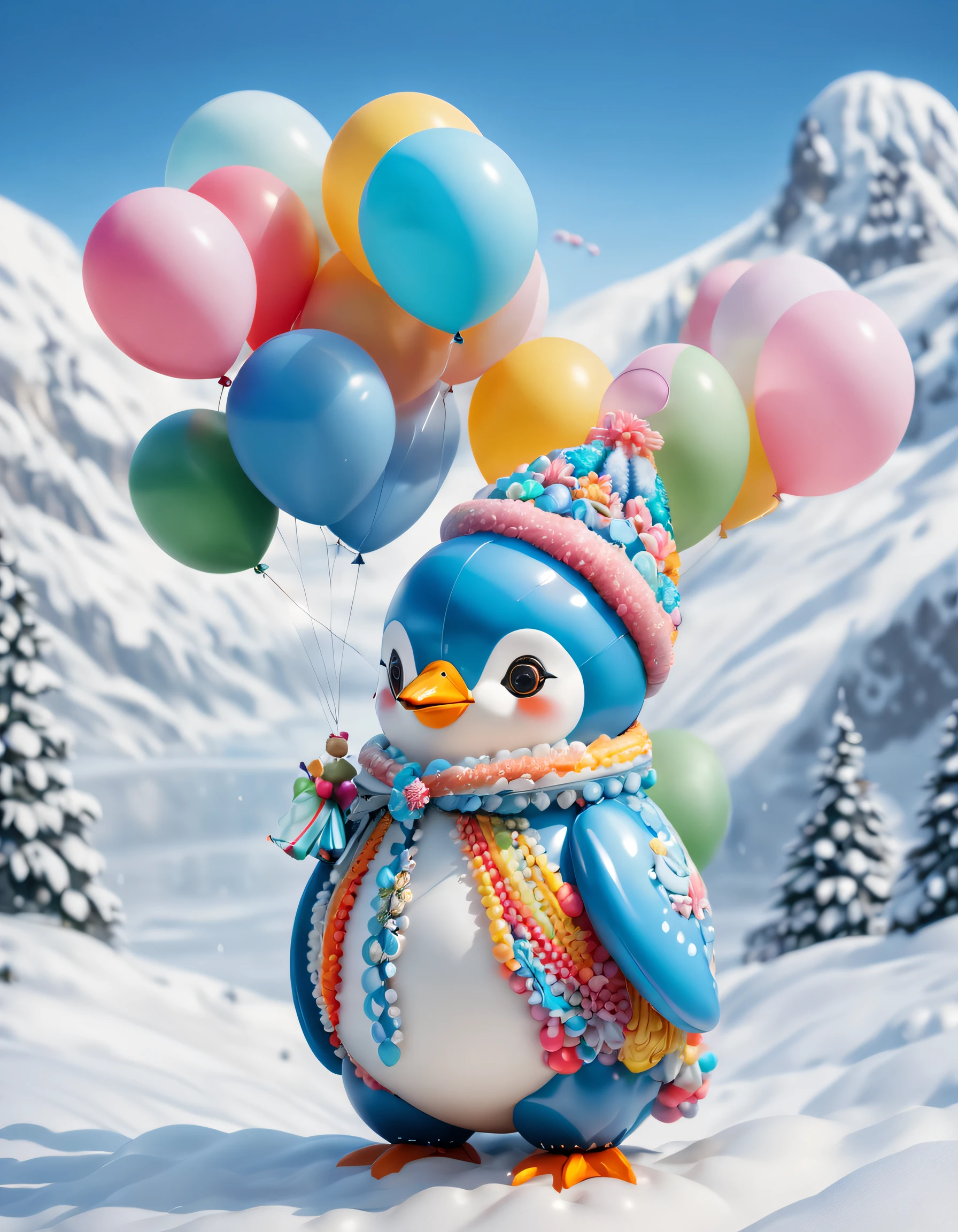 (A colorful penguin holding an umbrella made of colorful balloons), (Umbrella made of balloons), christmas, balloons, In the snow on Christmas Eve, Cute and detailed digital art, lovely digital painting, Cute balloon penguin, Lovely detailed artwork, Cute 3d rendering, digital painting very detailed, Cute and colorful, cute big breasts, Highly detailed digital artwork, detail-rich、plethora of colors