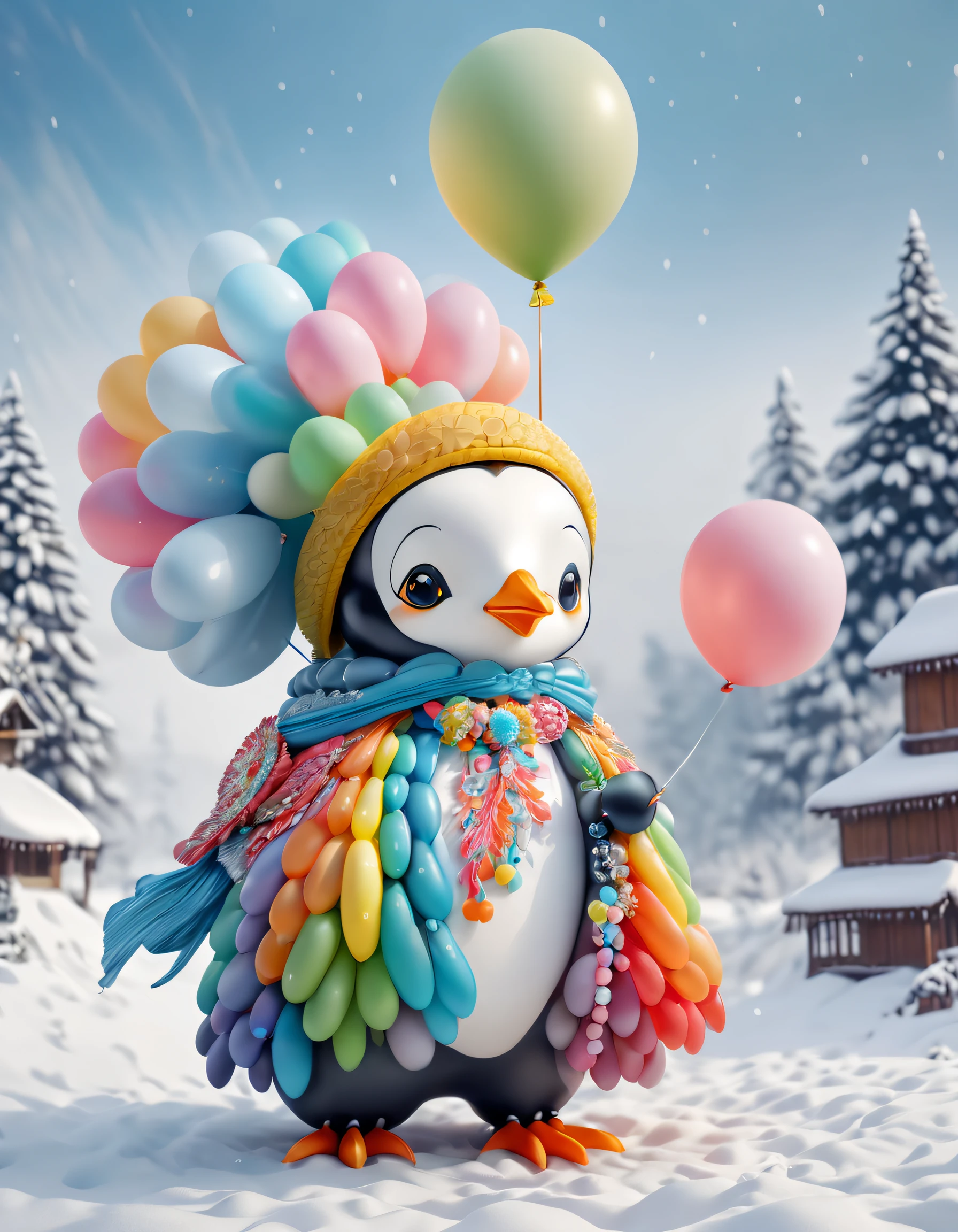 （A colorful penguin holding an umbrella made of colorful balloons）, (Umbrella made of balloons), christmas, balloons, In the snow on Christmas Eve， Cute and detailed digital art, lovely digital painting, Cute balloon penguin, Lovely detailed artwork, Cute 3d rendering, digital painting very detailed, Cute and colorful, cute big breasts, Highly detailed digital artwork, detail-rich、plethora of colors