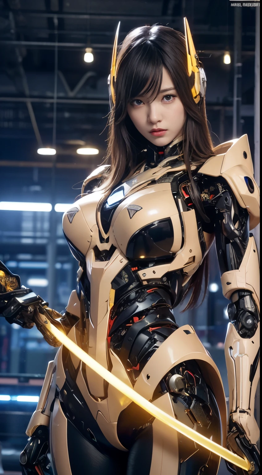 (1 Mechanical Girl)、top-quality、masterpiece、超A high resolution、(Photorealsitic:1.4)、Raw photo、1人、Shooting that shows the whole body、Fighting pose with a glowing sword、Golden hair、glowy skin、(((1 Mechanical Girl)))、(LED Lamp Mechanical Helmet)、(Small LED)、((super realistic details))、portlate、globalillumination、Shadow、octan render、8K、ultrasharp、Colossal tits、Raw skin is exposed in cleavage、metals、Details of complex ornaments、Japan details、highly intricate detail、Realistic light、CGSoation Trends、Red Eyes、radiant eyes、Facing the camera、neon details、(Mechanical limbs)、(blood vessels connected to tubes)、Mechanical vertebrae attached to the back、mechanical cervical attaching to neck、(Wires and cables connecting to the head)、Gundam、Small LED、,Mechanical thighs、Toostock、Textured skin, Super Detail, high details, High quality, Best Quality, hight resolution, 1080p, hard disk, Beautiful,(War Machine),beautiful cyborg woman,Mecha Cyborg Girl,Battle Mode,Girl with a Mecha Body,She wears a futuristic war machine weapon mech,Fulll body Shot