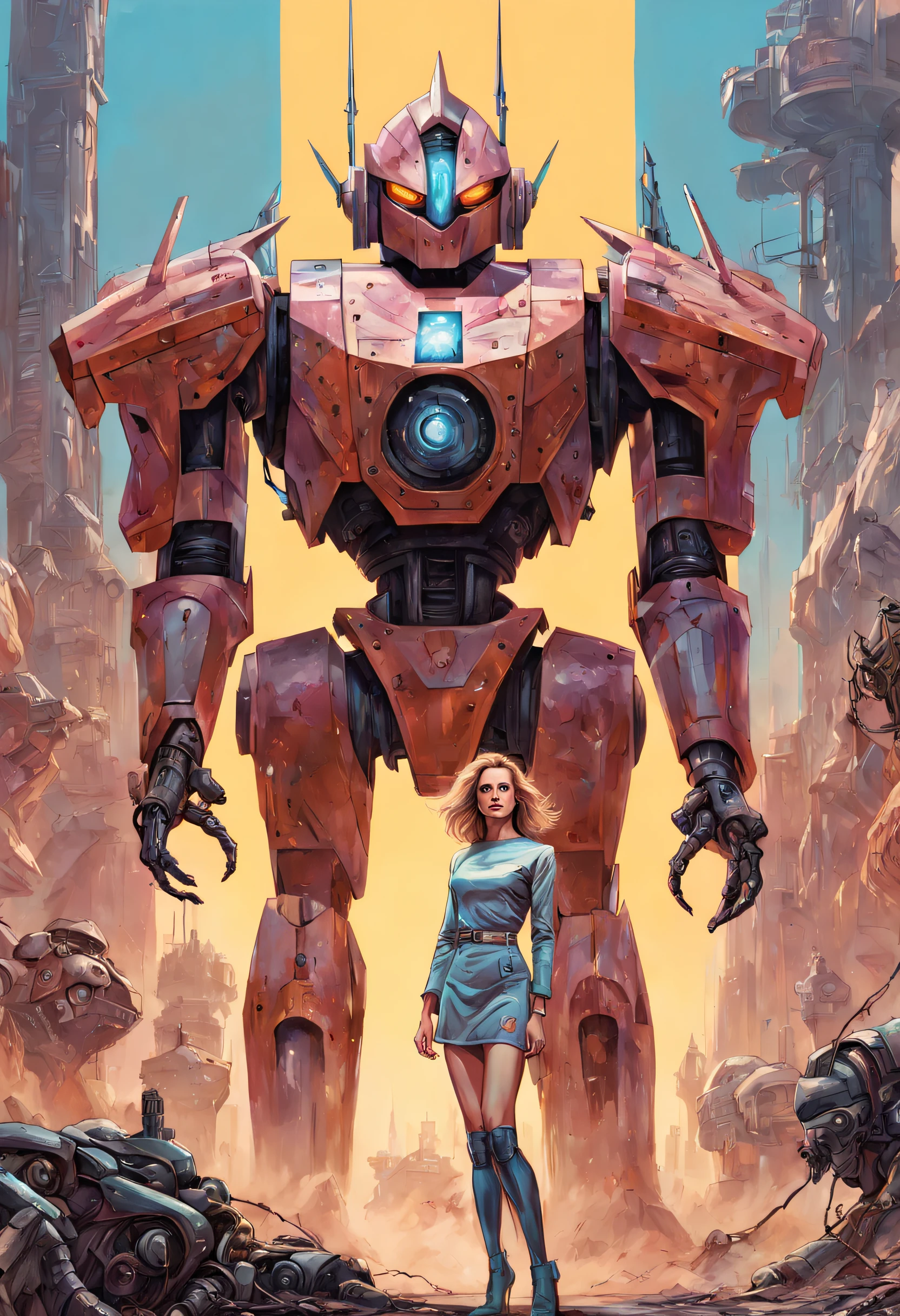 There was a woman standing in front of a giant robot, Inspired by Ken Kelly, epic album cover, Imogen Poots as Paladin, Ralph Horsley (Ralph Horsley) of bright colors, mighty princess of the wasteland, Skynet, intricate biopunk patterns, Queen of Warriors, Krull
