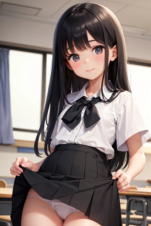 A -yeld elwith long black hair wearing a school uniform who lifts up her skirt to reveal white panties.