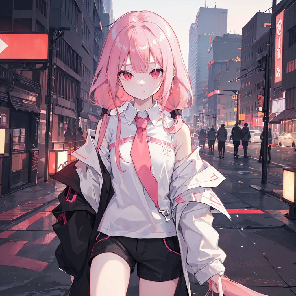 1girl, solo, , petite, (very_long_hair), (pink_hair:1.2), braids, (red_eyes), medium_breasts, (white_shirt:1.5), (windbreaker), (off_shoulder:1.2), (portrait), glowing_eyes, background_light, (cityscape:1.5), (neon_lights:1.2), (shushing:1.2),(science), cyberpunk, ((masterpiece)), (highres), (best_quality), (highly_detailed), (original),(Delicate background),(extremely detailed 8K wallpaper),cinematic lighting, volume lighting, light particles, shaded_face, beautiful_detailed_eyes, depth_of_field, perspective,