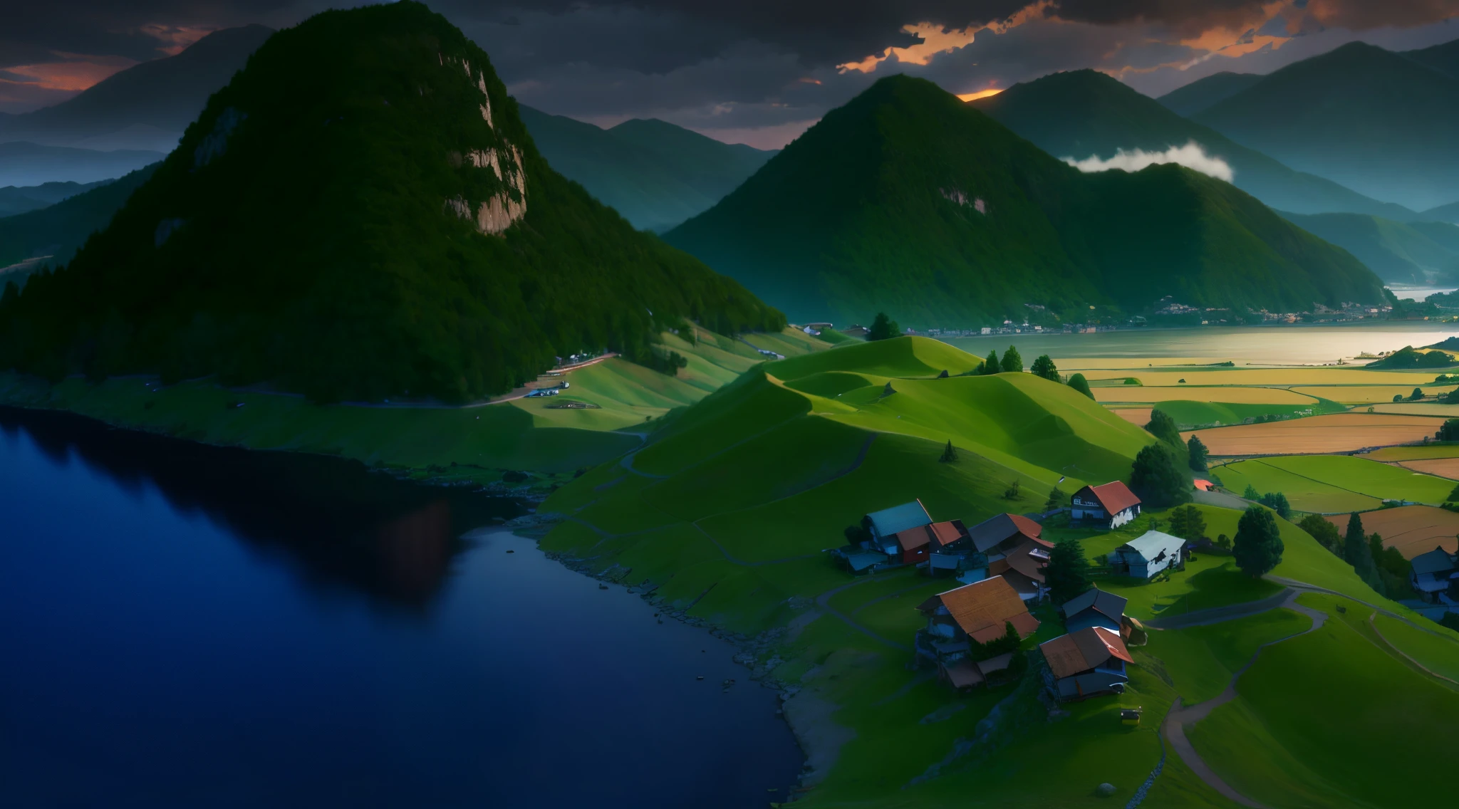 anime, anime background, 4k anime background, 4k detailed, a village on the sea coast with green mountains and rice fields, in the foreground, anime landscape, hills and mountains, distant villagescape, some mountains in the background, mountainous area, hills in the background, distant village background, landscape - scenery, hills and ocean, flowing hills, mountainscape, mountains in a background, moutains, mountains and lakes, detailed landscape, mountains and rivers, anime, anime background, 4k anime background, 4k detailed,