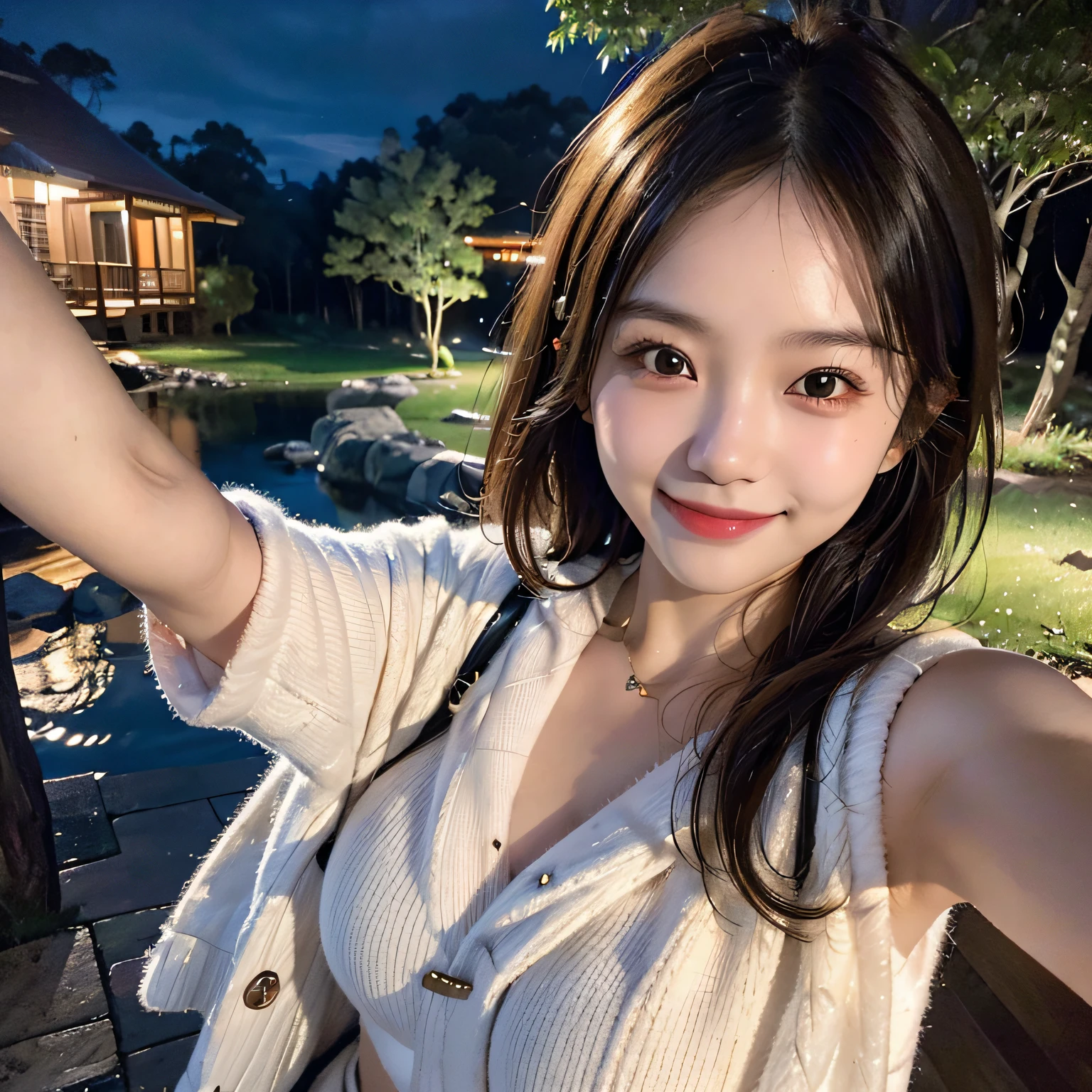 selfie, (Photoreal: 1.4), (Image enhancement: 1.4), ( Top quality real skins: 1.4), 20-year-old, asian girl, dressed warmly, australian forest scene, smile, standing, night time, close up, hands hidden, selfie
