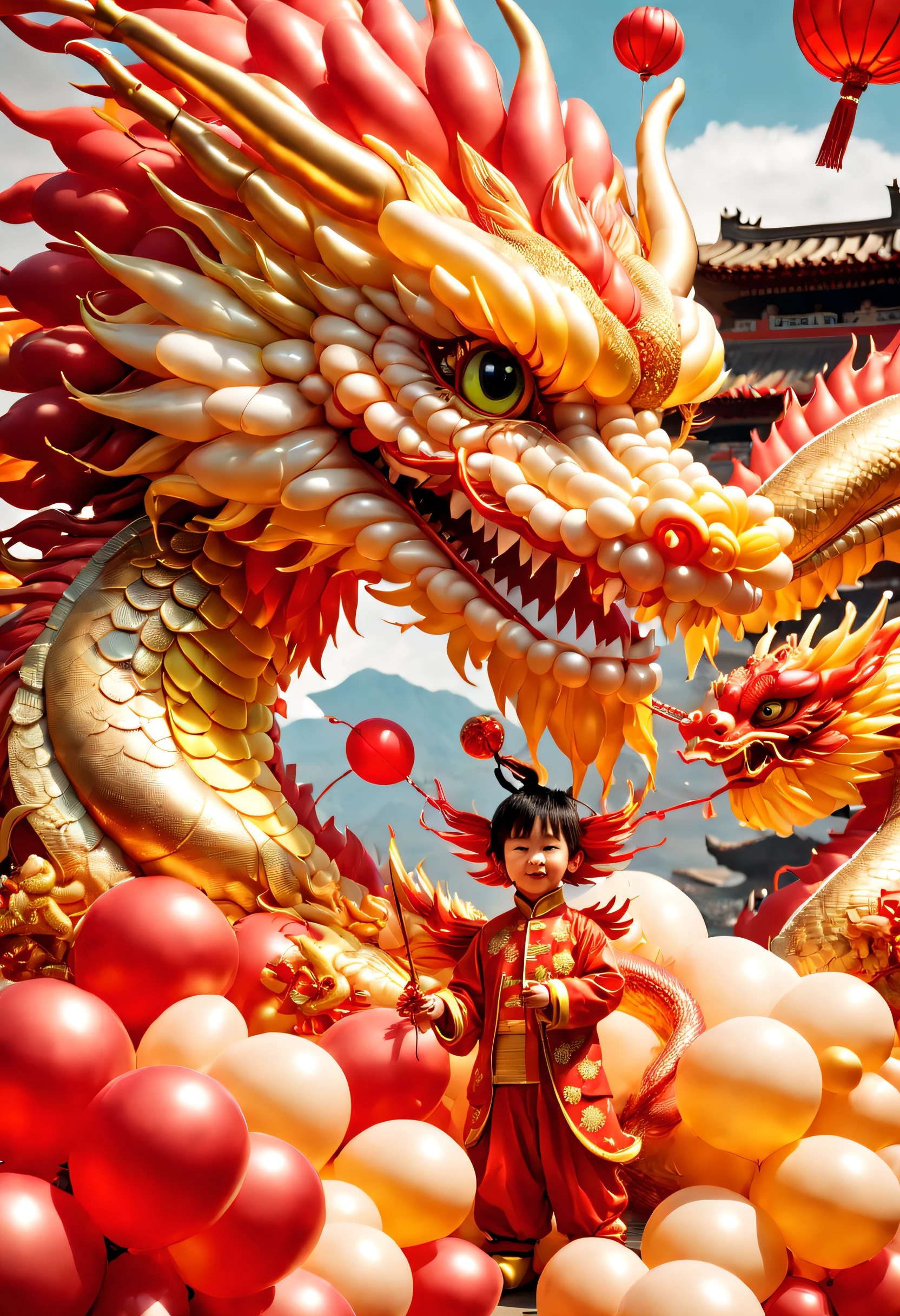 baronzi, (Chinese dragon made from balloons, Red and gold Chinese dragon, Fly in the sky), (Chinese New Year), extreamly cute，holiday holidays, ((firecrackers)), (((Cute child holding Chinese dragon balloon)))，fundo vermelho