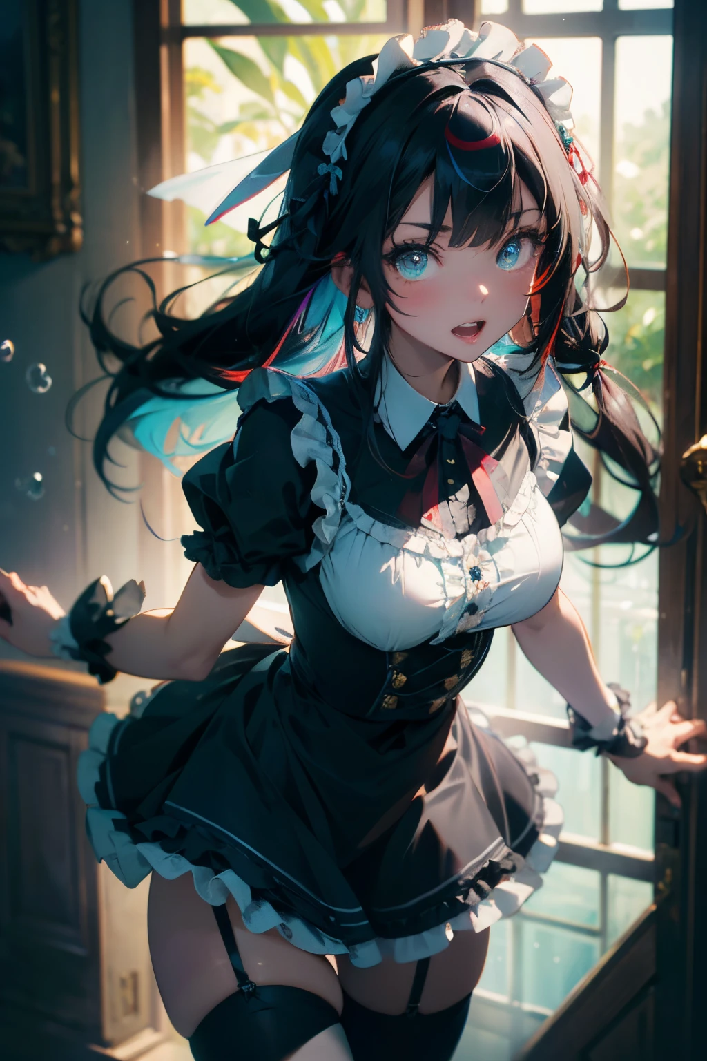 masterpiece, (bestquality), highlydetailed, ultra-detailed, (aqua eyes), (black hair), (blunt bangs), (breasts), (cheshire:1.5), (azur lane), (dress), (eyebrows visible through hair), (frilled ribbon), (frills), (hairband), (looking at viewer), (maid), (maid headdress), (multicolored hair), (open mouth), (ribbon), (solo), (streaked hair), (thighhighs), (white legwear), (white panties)