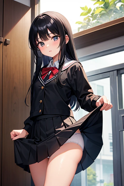 A -yeld elwith long black hair wearing a school uniform who lifts up her skirt to reveal white panties.