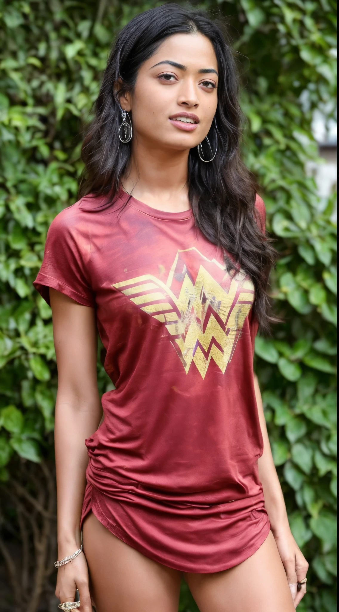 ( photo of   Rashmika Mandanna  ) ( gorgeous woman, tall woman, sexy, (random paparazzi photo, full body shot) ) [detailed sexy skin texture, attractive texture, detailed  environment] (wearing a wonder woman printed big lose t shirt on outdoor club party ) (hyper photorealistic detailed environment) (detailed textures) ( perfect body parts, detailed facial features, (ultra realistic lighting) 85mm, 100mm lens )