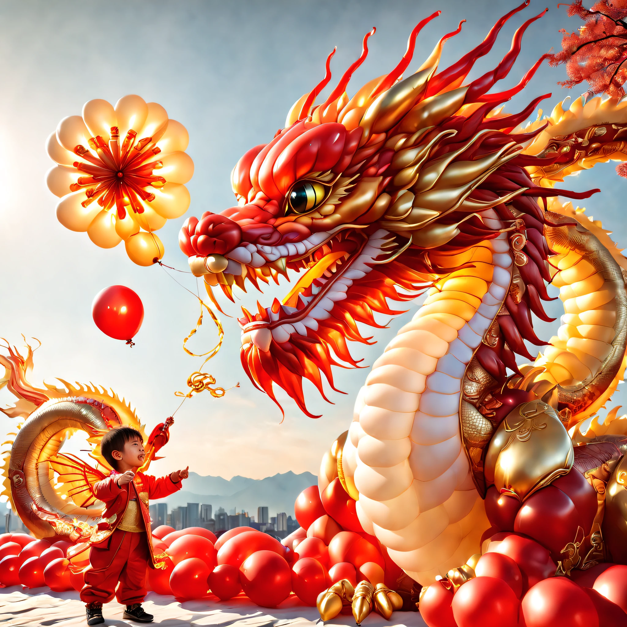 baronzi, (Chinese dragon made from balloons, Red and gold Chinese dragon, Fly in the sky), (Chinese New Year), extreamly cute，holiday holidays, ((firecrackers)), (((Cute child holding Chinese dragon balloon)))，fundo vermelho