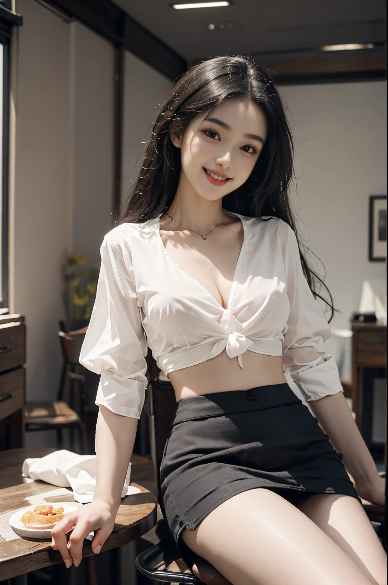 blouse,mini skirt, mini shirt,navel,(knee shot),Pretty girl, young female model, Sweet maiden, inside in room, sit on chair, deck chair, Cross ed leg, tmasterpiece, best qualtiy, Extremely detailed description, Ultra-fine painting, delicated face, slim toned body,grin, Hefty Smile