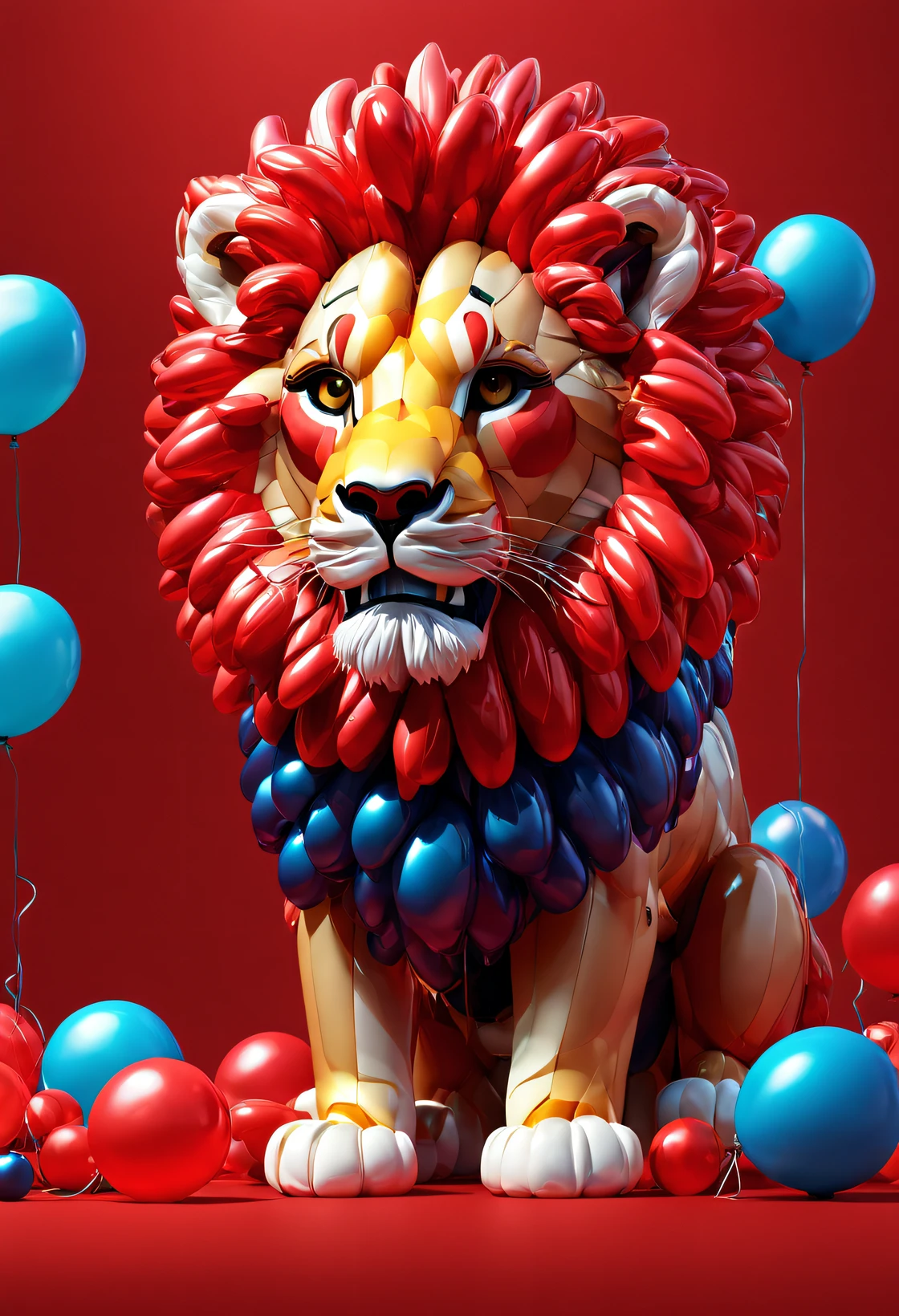 (balloon art design),(Balloon animal design),(Lion made of many colorful balloons), Super detailed and intricate lion,The texture is clear,Complex and gorgeous CG style, hyper detailed 3d render,, c4d, Rendered by Octane, Blander, 8K, k hd,com mascot,Holographic red background
