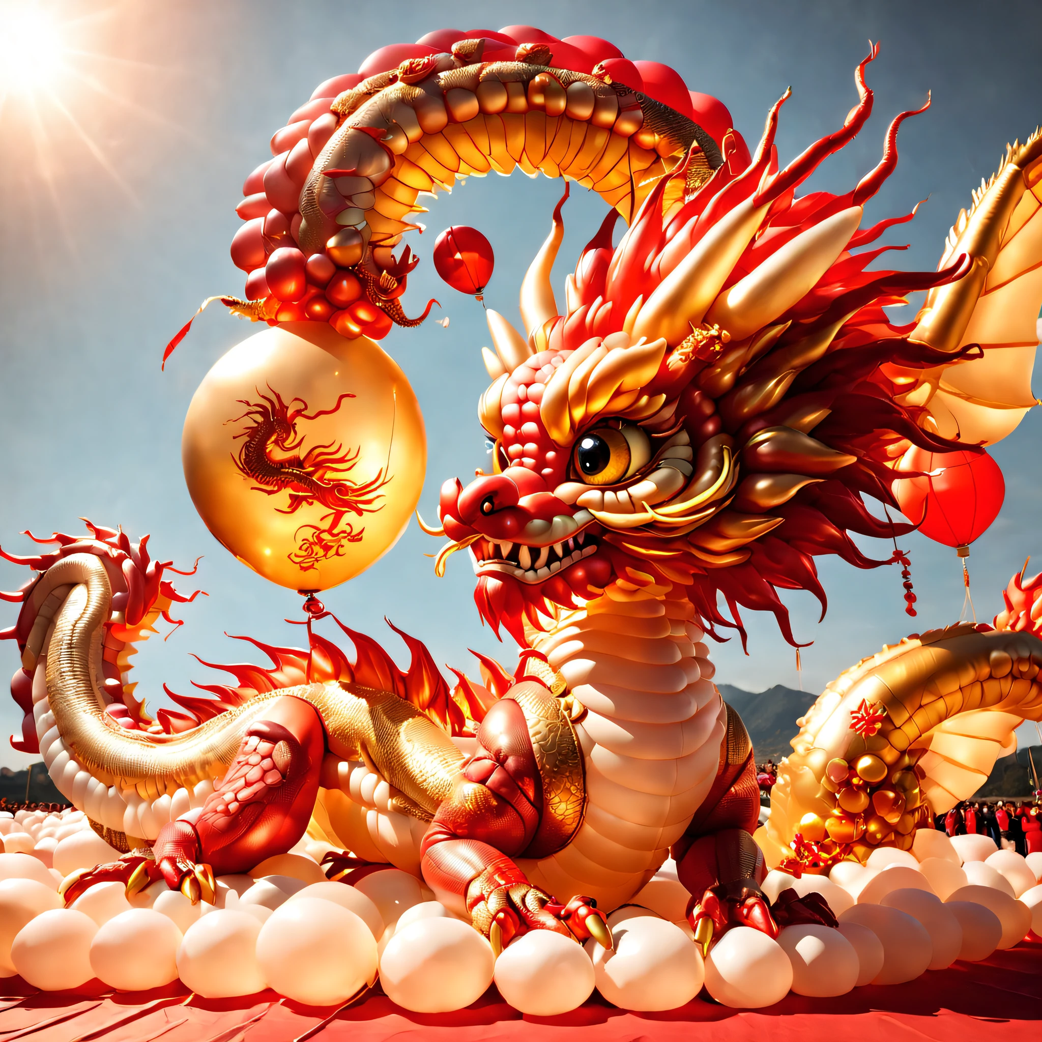 baronzi, (Chinese dragon made from balloons, Red and gold Chinese dragon, Fly in the sky), (Chinese New Year), extreamly cute，holiday holidays, ((firecrackers)), (((Cute child holding Chinese dragon balloon)))，fundo vermelho