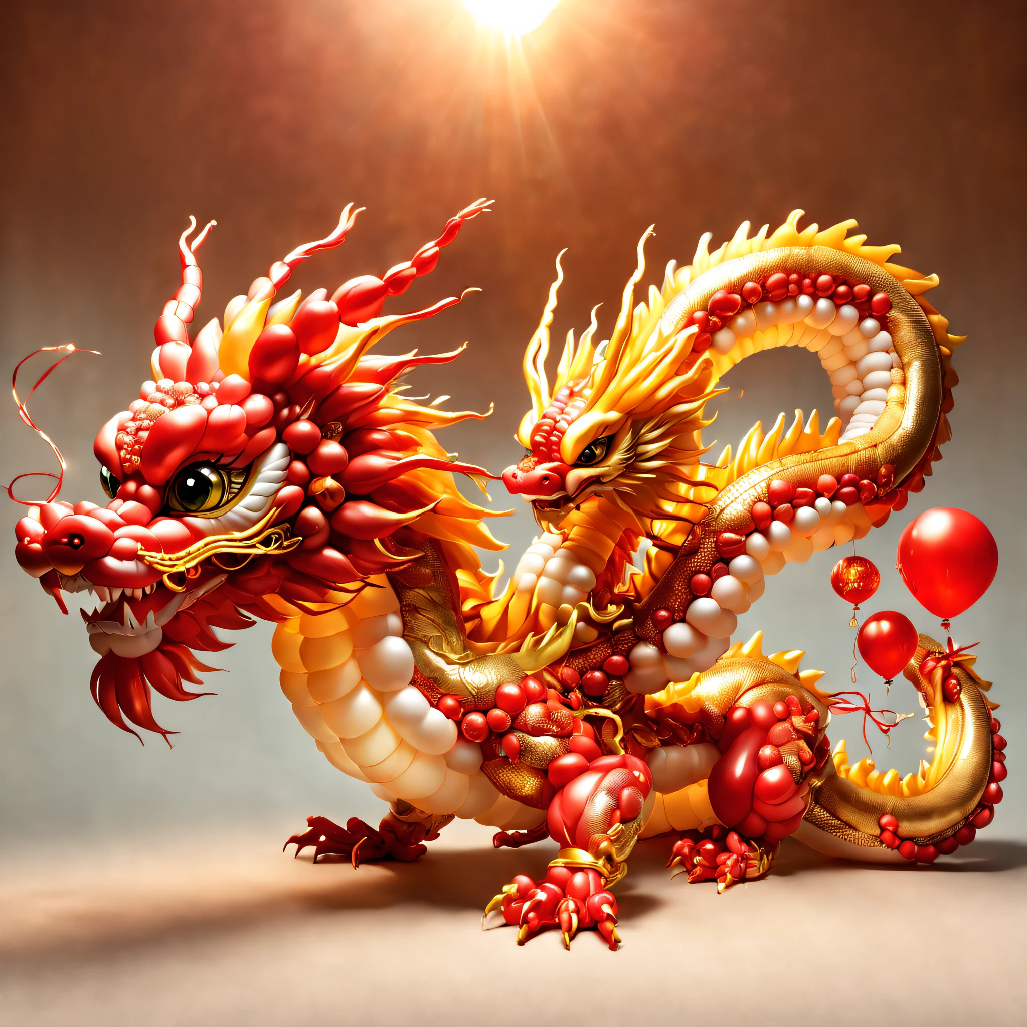 baronzi, (Chinese dragon made from balloons, Red and gold Chinese dragon, Fly in the sky), (Chinese New Year), extreamly cute，holiday holidays, ((firecrackers)), (((Cute child holding Chinese dragon balloon)))，fundo vermelho