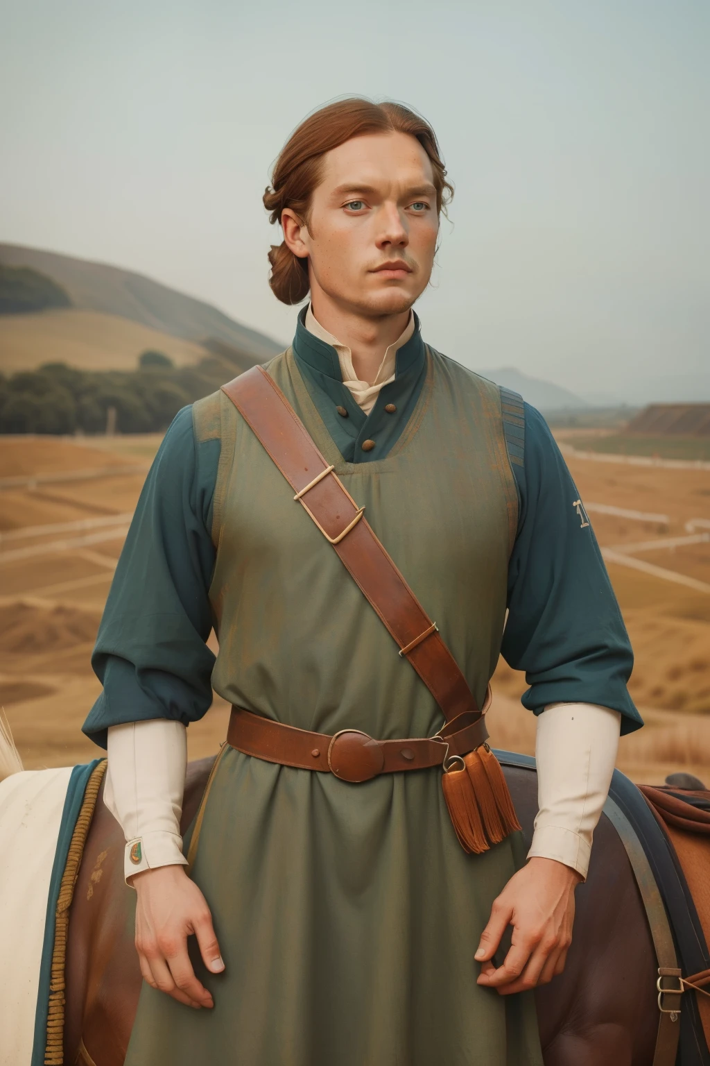 1135, England. scene with an otherworldly construction site, 36-year-old Sam Heughan looks over his shoulder at a horse rider in the distance, ((((poor tunic from the 12th century)))), ((Hairstyle of the 12th century)), ((Wes Anderson cinematic style)), colorful