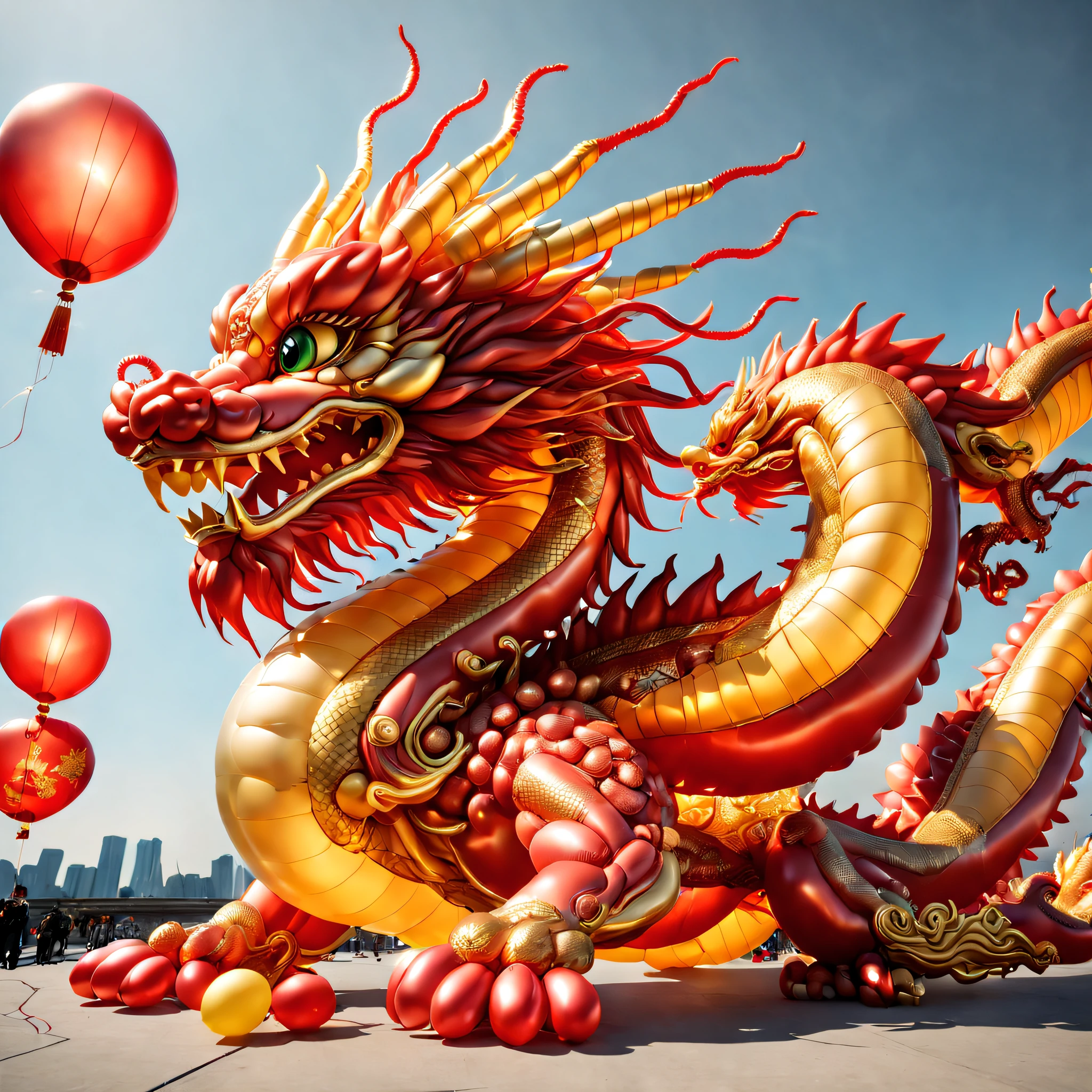 baronzi, (Chinese dragon made from balloons, Red and gold Chinese dragon, Fly in the sky), (Chinese New Year), extreamly cute，holiday holidays, ((firecrackers)), (((Cute child holding Chinese dragon balloon)))，fundo vermelho