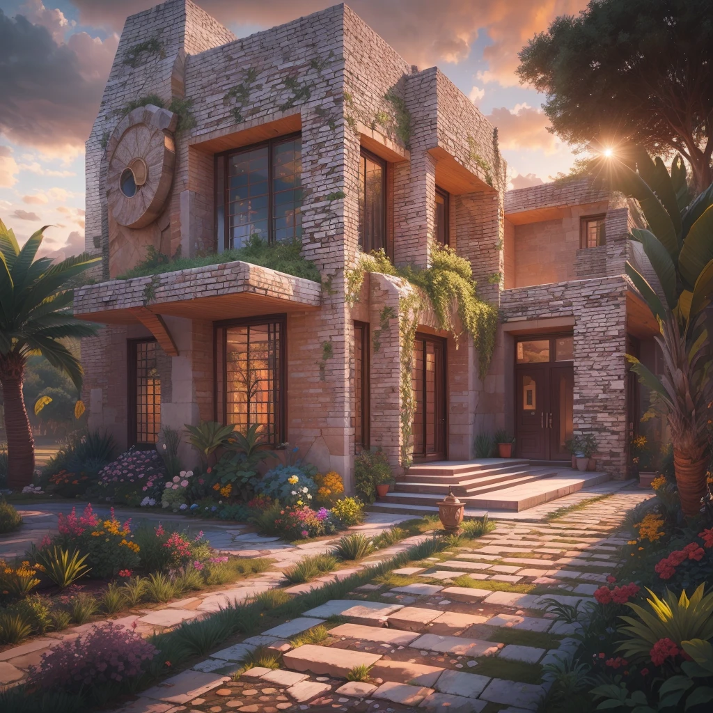 Tribal style villa, external garden, Mosaic tribal sculpture, Stone road, the sunset, Surrealism, Futurism, Hyperrealism, Art Deco, Conceptual art, Cubist Futurism, chiaroscuro, ray tracing, mosaic art, wide shot, best quality, highres, award winning, masterpiece, 4K