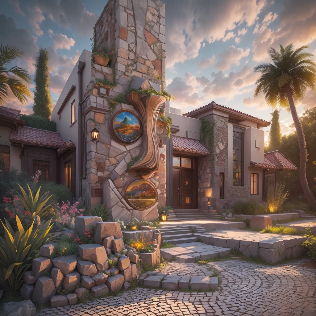 Tribal style villa, external garden, Mosaic tribal sculpture, Stone road, the sunset, Surrealism, Futurism, Hyperrealism, Art Deco, Conceptual art, Cubist Futurism, chiaroscuro, ray tracing, mosaic art, wide shot, best quality, highres, award winning, masterpiece, 4K
