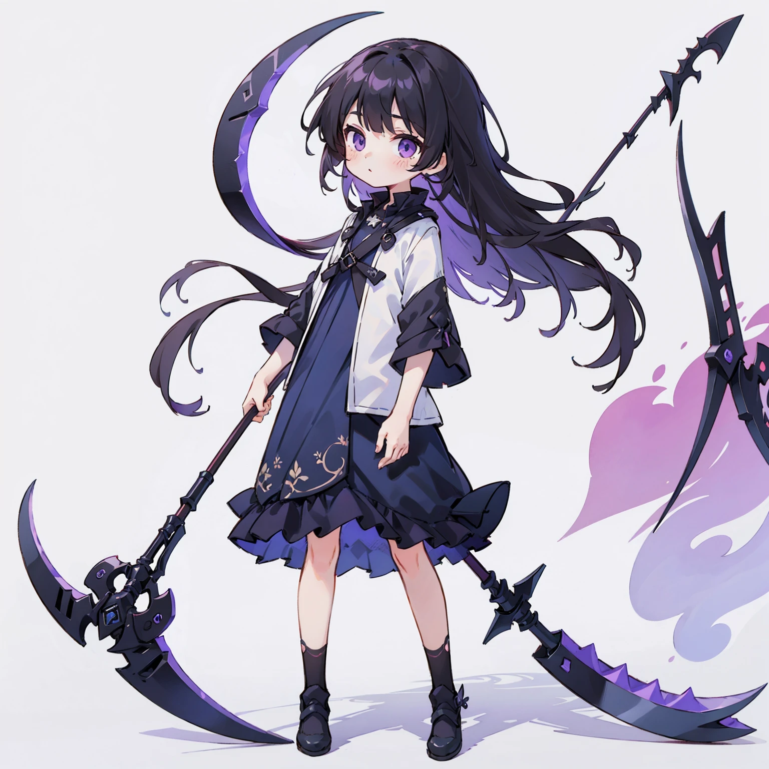 flat background, 1ung girl, purple eyes, standing, white long hair, light blue dress, scythe, full body, solo
