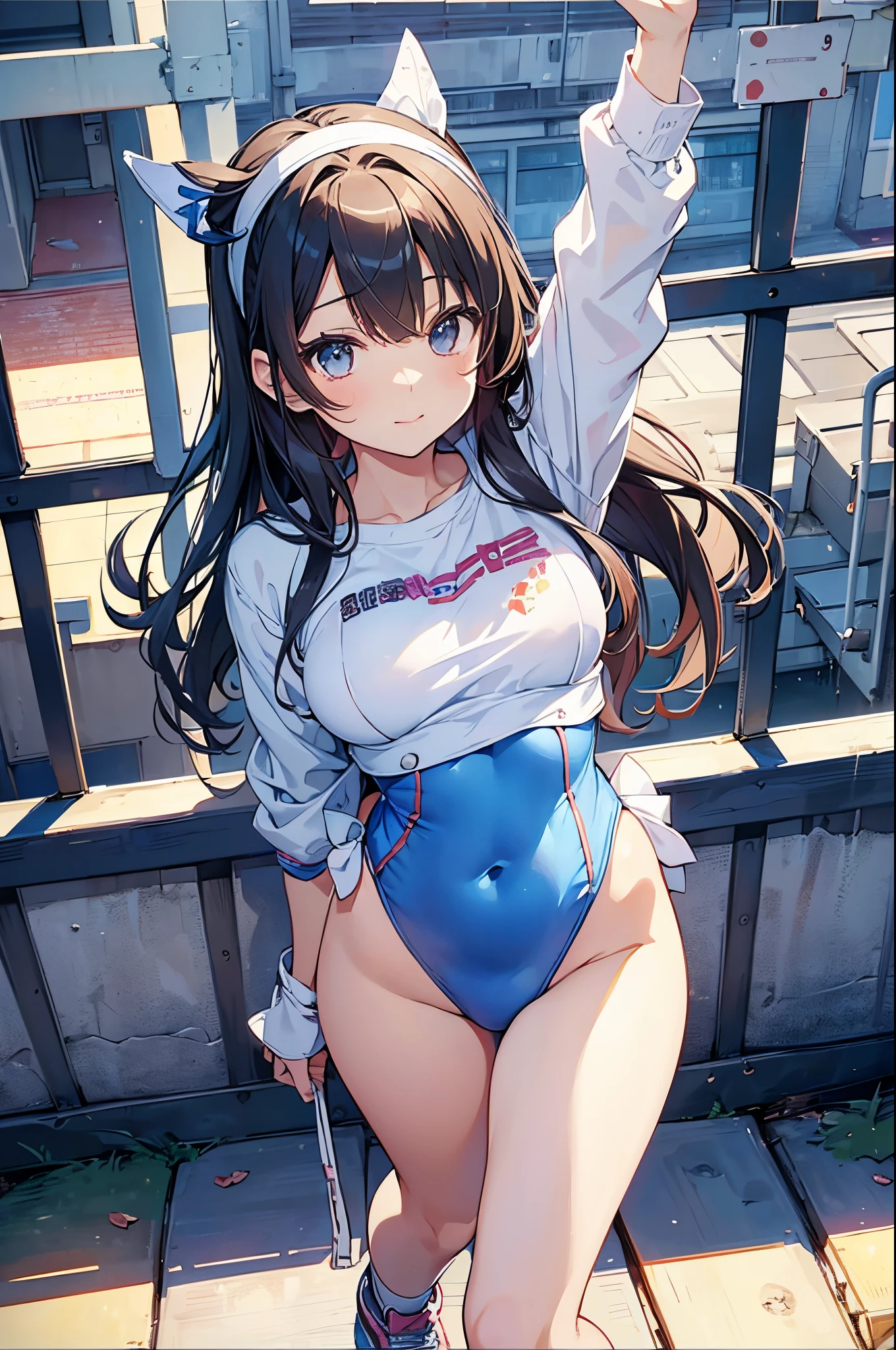 ((2D Beautiful Girl、top-quality、perfect finger 14、perfect anatomy 1.4、Very delicate and beautiful illustration))、kawaii girl、(Transformation Sequence)、((cheerleader style leotard))、14years 、a junior high school student、Fractal art、a baby face、((Straight Long Hair))、Fine and beautiful eyes、The best smile that shows your teeth、Full body display、quiet schoolyard、Cute headband、