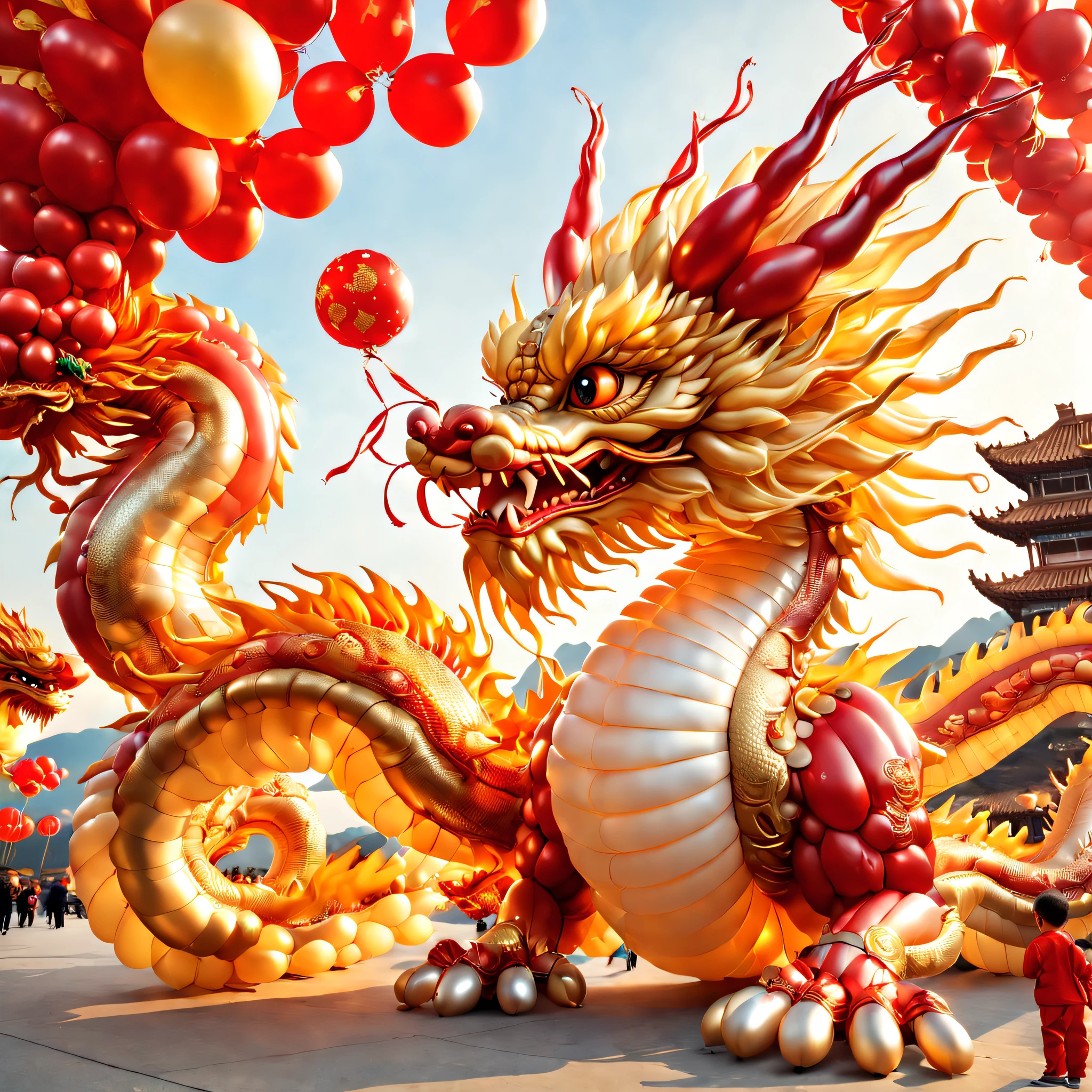 baronzi, (Chinese dragon made from balloons, Red and gold Chinese dragon, Fly in the sky), (Chinese New Year), extreamly cute，holiday holidays, ((firecrackers)), (((Cute child holding Chinese dragon balloon)))，fundo vermelho