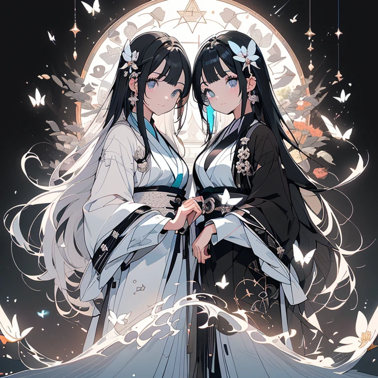 ((masterpiece、top-quality:1.5、a high chroma:1.5、ultra-detailliert、high-resolution illustrations:1.5、Ultra-high-definition CG、8k size wallpaper、offcial art))、(2girls、twin princess sisters),(yuri),(cute face:1.5)、(clear face:1.3),(Shining eyes:1.5)
((black-only color schemeドレス:1.5)), ((white-only color schemeドレス:1.5)),(sexy body),(One is only black and the other is only white),(contrasting color china dresses),(), ((medium breasts))、
,(The background is a triple structure of bright colors, flowers of various colors, butterflies, and a pentagram,)、midjourney