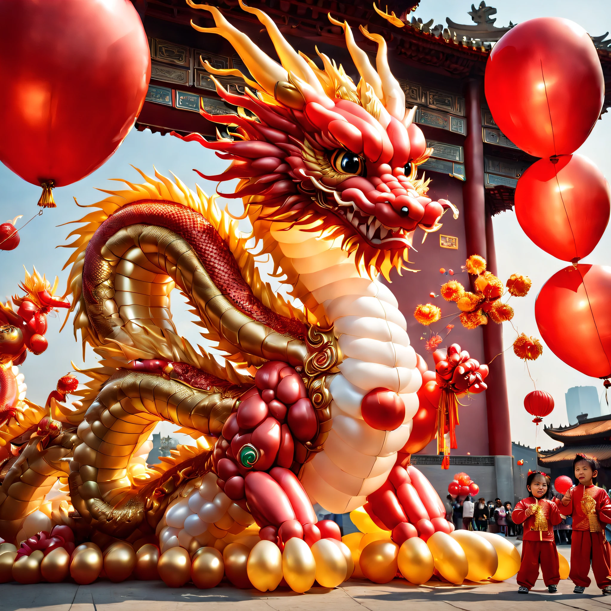 baronzi, (Chinese dragon made from balloons, Red and gold Chinese dragon, Fly in the sky), (Chinese New Year), extreamly cute,holiday holidays, ((firecrackers)), (((Cute holding Chinese dragon balloon))),fundo vermelho