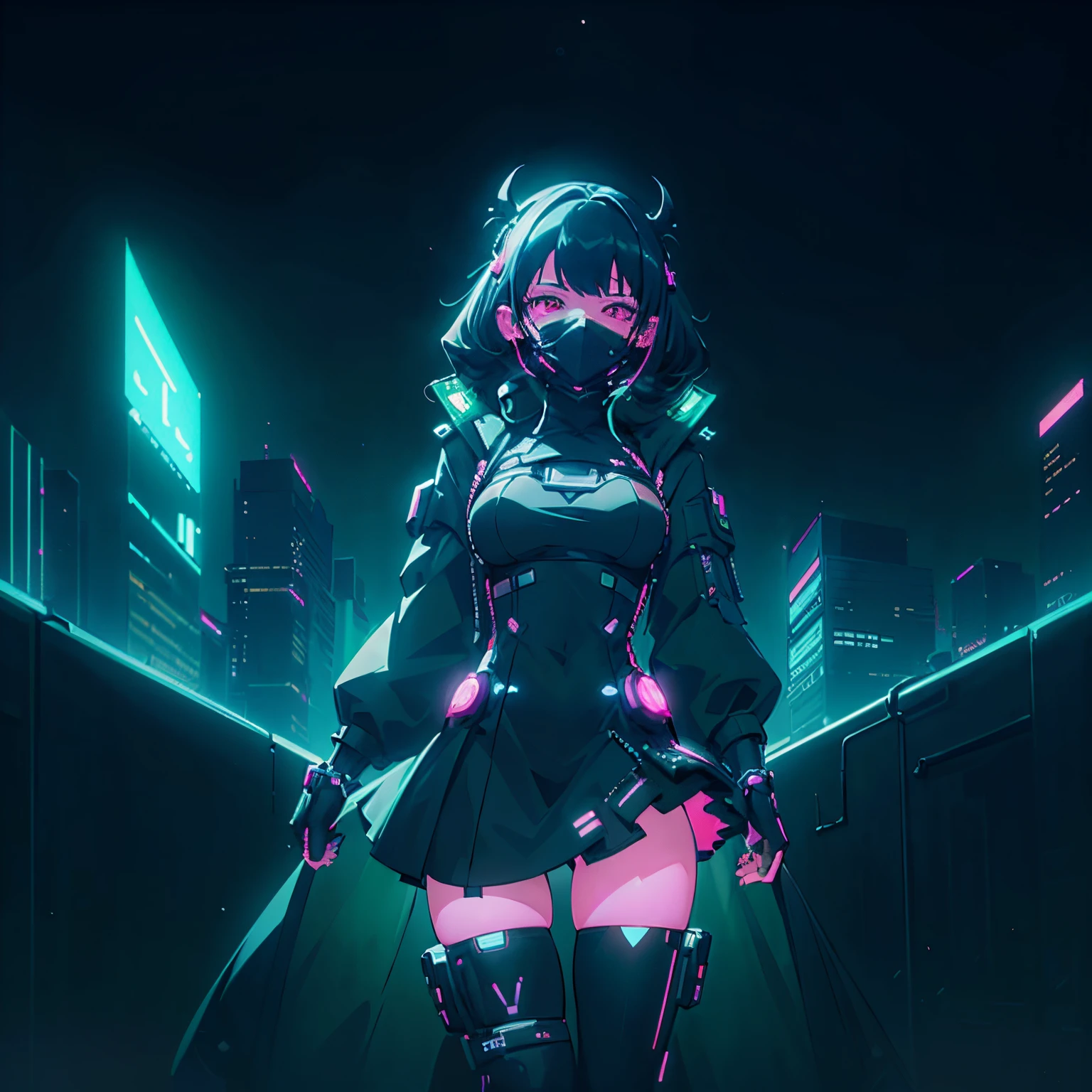 anime, (masterpiece, best quality, ultra-detailed, high-contrast), 1 girl (solo, full body, petite body, standing at the edge of skyscraper,  silver hair, (((cyber respirator mask covering mouth, black cyber mask with neon pink))), long flowing hair, glowing red ruby eyes, (black dress, neon pink dress highlights), black see-through stockings), (skyscraper rooftop, overlooking a city, ((night time, darkness, low light pollution)) detailed background)