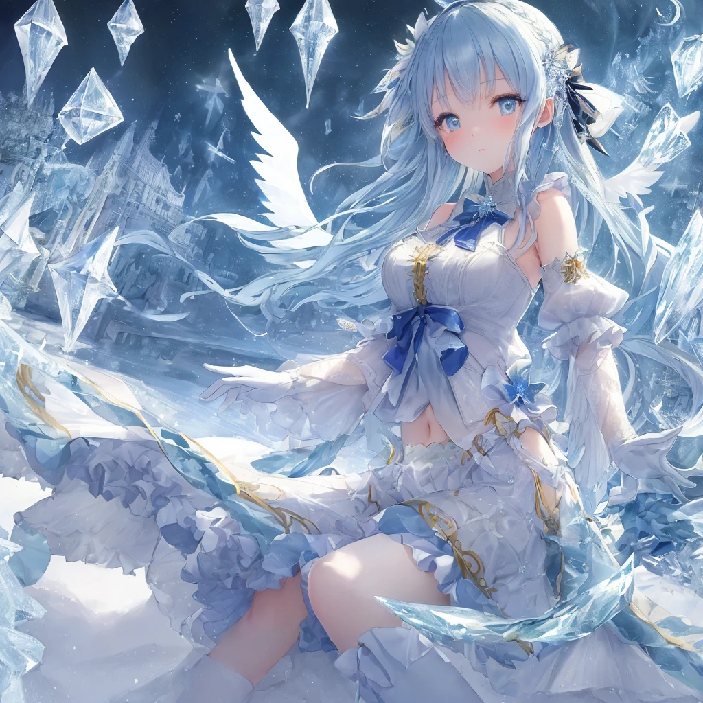 (((masterpiece))),best quality, illustration,(beautiful detailed girl),beautiful detailed glow,detailed ice,beautiful detailed water,(beautiful detailed eyes),expressionless,beautiful detailed white gloves, (floating palaces:1.2),azure hair,disheveled hair,long bangs, hairs between eyes, (skyblue dress),black ribbon,white bowties,midriff,{{{half closed eyes}}},,big forhead,blank stare,flower,large top sleeves,(((ice crystal texture wings))),{{{{{{{{Iridescence and rainbow hair:2.5}}}}}}},{{{{{{detailed cute anime face}}}}}},{{}},{{{{{watercolor_(medium)}}}},(((masterpiece)))