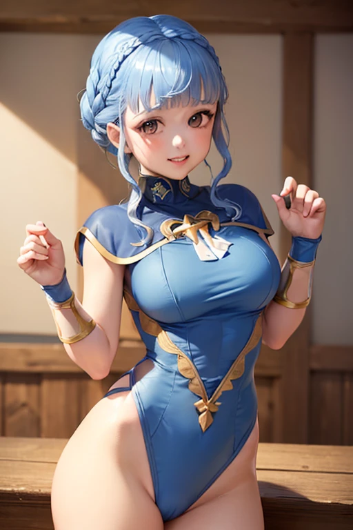 (masterpiece, best quality:1.2), cowboy shot, solo, 1girl, marianna von edmund \(alt\), smile, looking at viewer, official alternate hairstyle, official alternate costume, blue dress, capelet, ((Tight leotard)), ((sexy pose)), ((Wrestling ring))