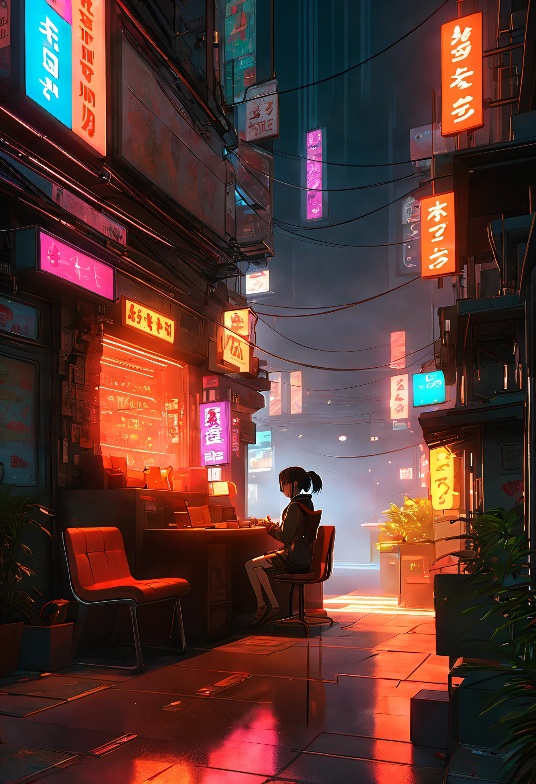 Cyberpunk style, Multilayered, Multiple nationalities, miscellaneous, Super large shopping street, No people, Night time, Many machines with unknown uses, more neon lights.　The girl is sitting on the chair..Photorealistic, Volumetric lighting, 8K, Highly detailed,Shinkai Makoto style