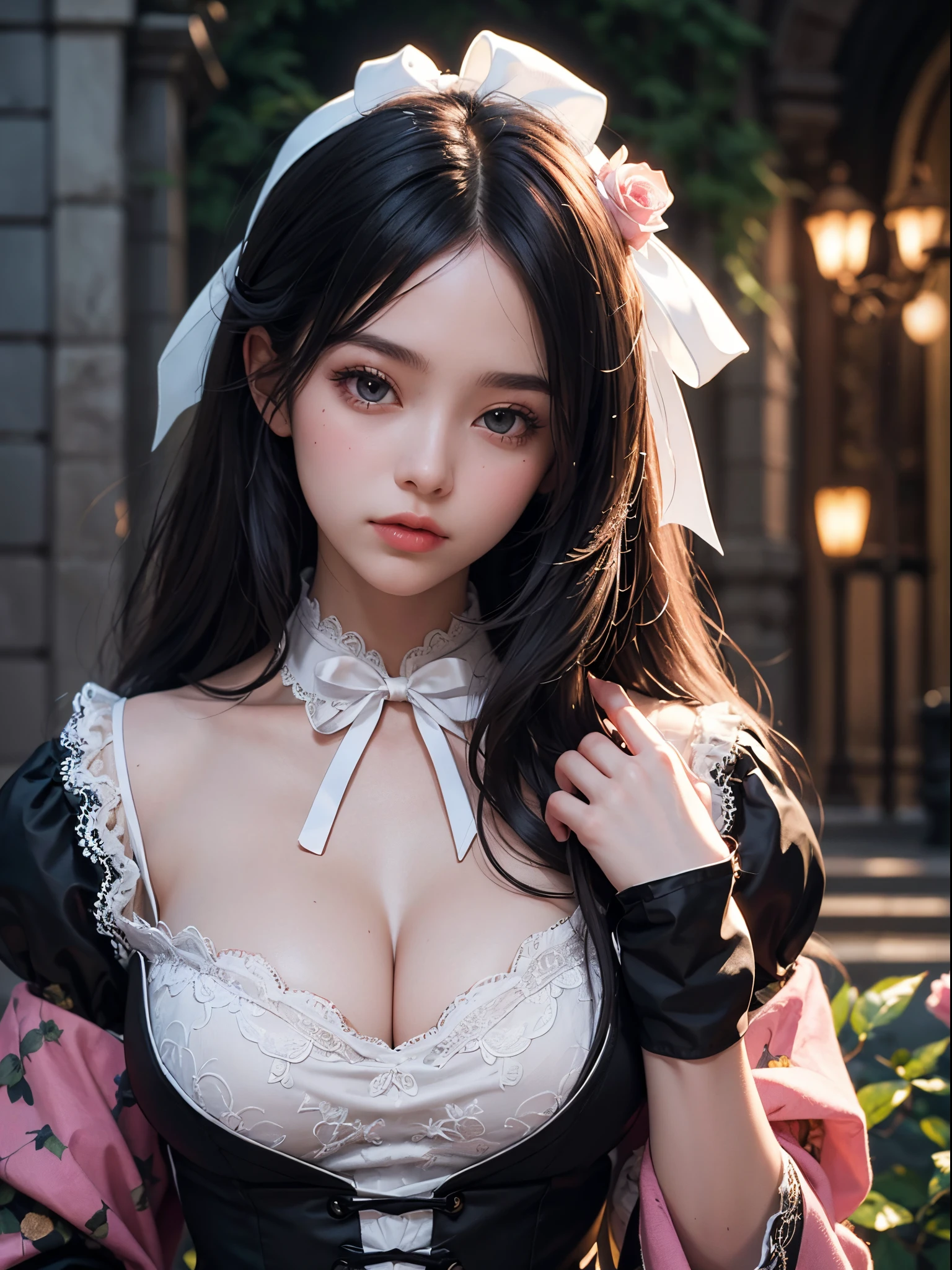 ((masterpiece, best quality)),best aesthetic,1girl, solo, big round breast, long hair, black dress, flower, ribbon, castle background, black hair, rose, hair ribbon, eyes, long sleeves, white rose, closed mouth, black ribbon, upper body, cinematic lighting
