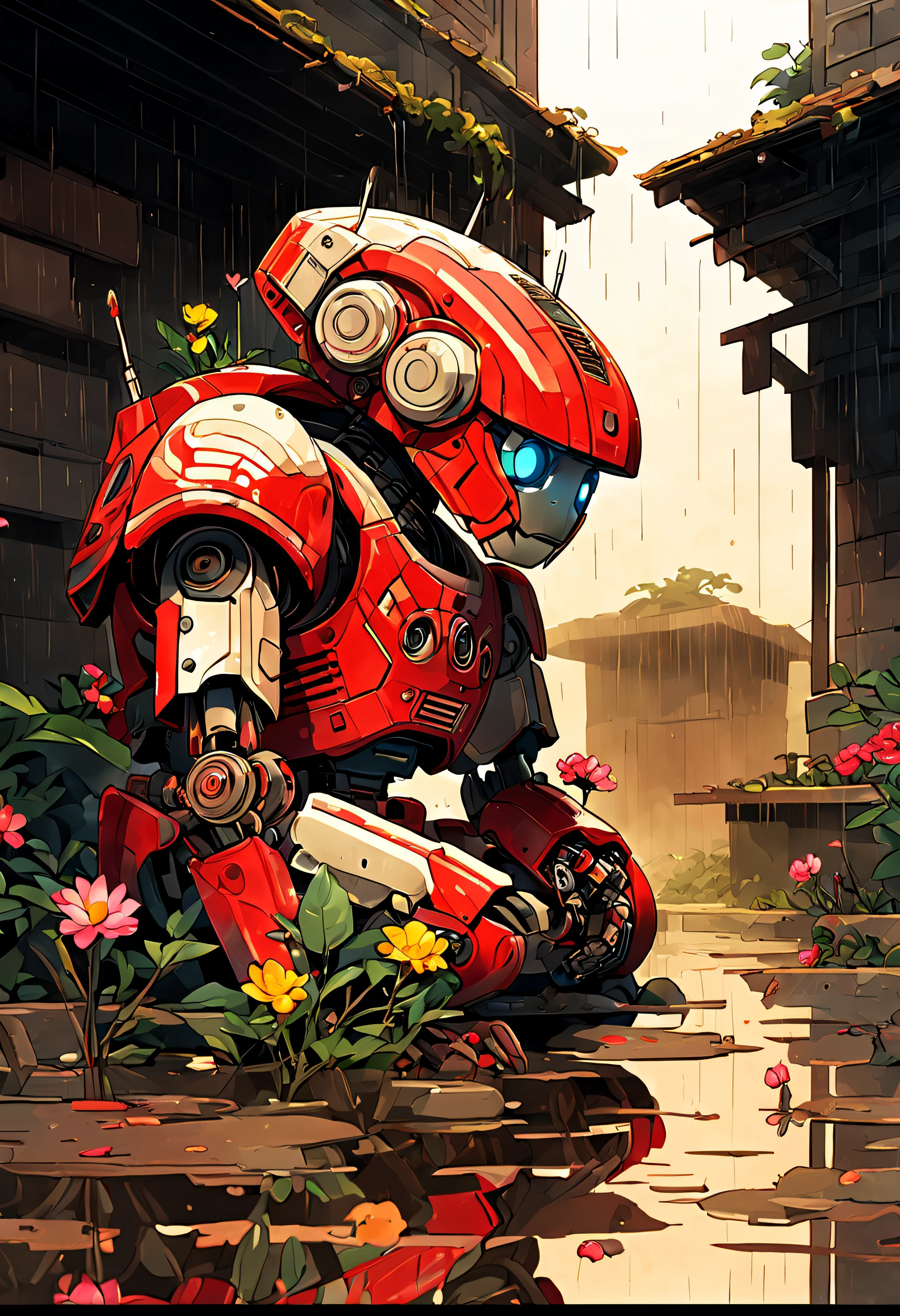 Insanely detailed, masutepiece, Best Quality, 8K, 超A high resolution, High contrast and low saturation, Create an anime-style illustration of a robot in a rain-soaked ruin, Kneel on one knee, Holding a single flower delicately (Pinched between fingers), And stare at it with a lonely expression. 机器人, Has adorable features and a not-so-sophisticated look, give off a melancholy atmosphere. Captures a desolate atmosphere made even stronger by the rain, one fang、A single flower symbolizes hope and reflection., Add warmth and friendliness to your characters.