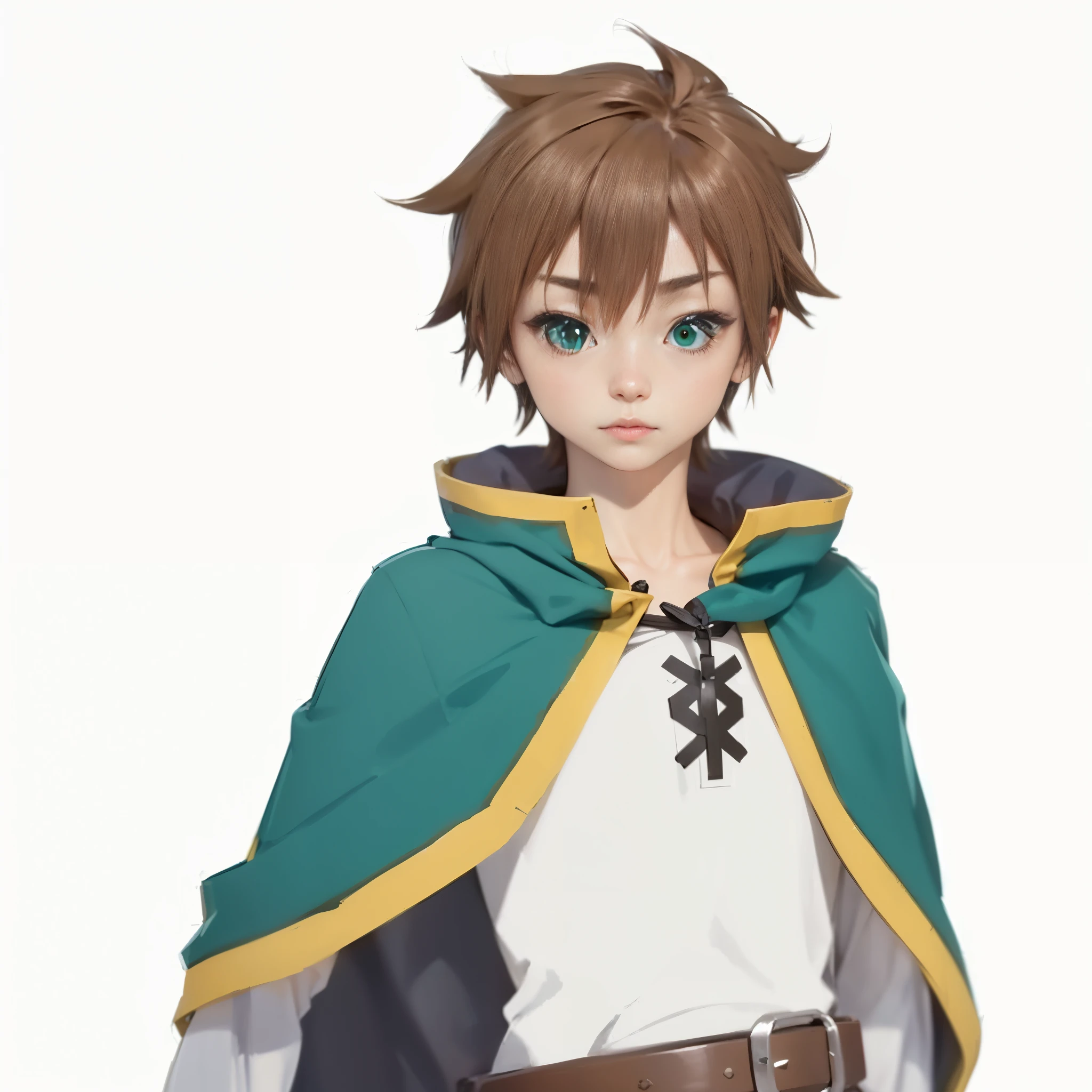 Photorealsitic photo of Kazuma from the show Konosuba, brown hair, green eyes, wearing short green robe, has a laced white T shirt, wears a brow belt, looking at the camera, Surrealism, Realism, cinematic lighting, cinematic lighting, UHD, retina, masterpiece, ccurate, anatomically correct, super detail, high details, high quality, award winning, best quality, highres, 4K, 1080P, HD